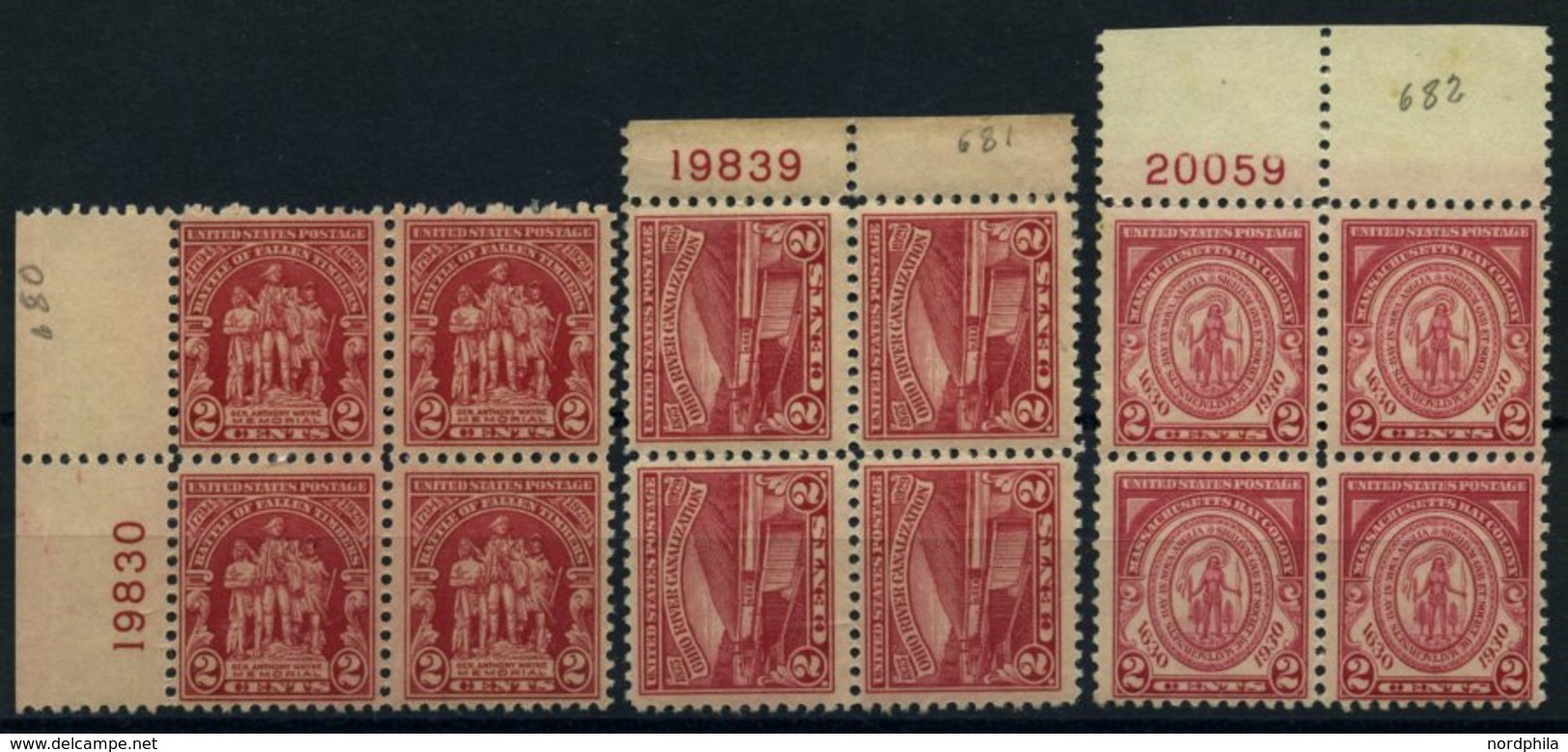 USA 319/20,324 VB **, Scott 680-82, 1929/30, 3 Verschiedene Postfrische Plattenviererblocks, Pracht - Usati