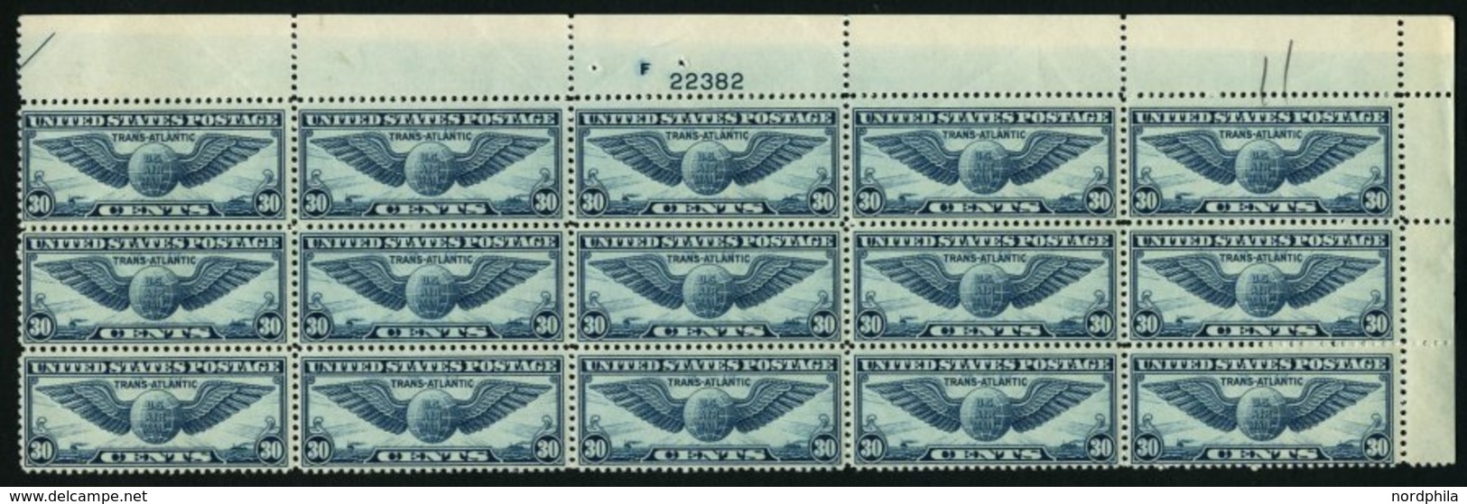 USA 450 **, Scott C 24, 1939, 30 C. Transatlantikflug New York-Marseille Im 15er-Bogenteil Mit Plattennummer, Pracht, $  - Gebruikt