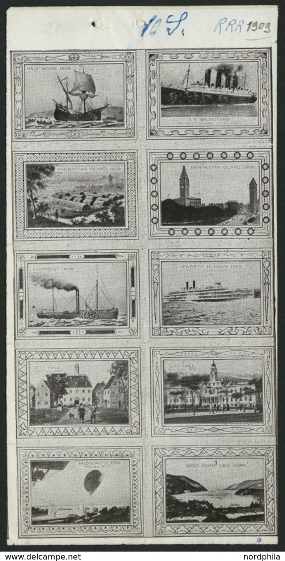 USA 1909, The River Hudson Route, Vignetten-Heftchenblatt Mit 10 Verschiedenen Ansichten, 2 Werte Falzrest, Sonst Postfr - Usados