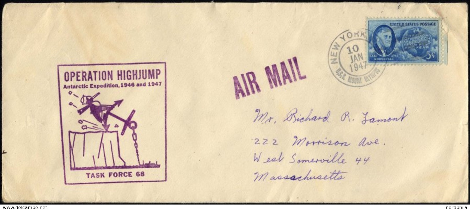 ANTARKTIS 1947, Flugbrief Von Der Antarktis Expedition HIGHJUMP (Überwindung Der Steilküste Des Südpolgebietes), Schiffs - 1c. 1918-1940 Covers