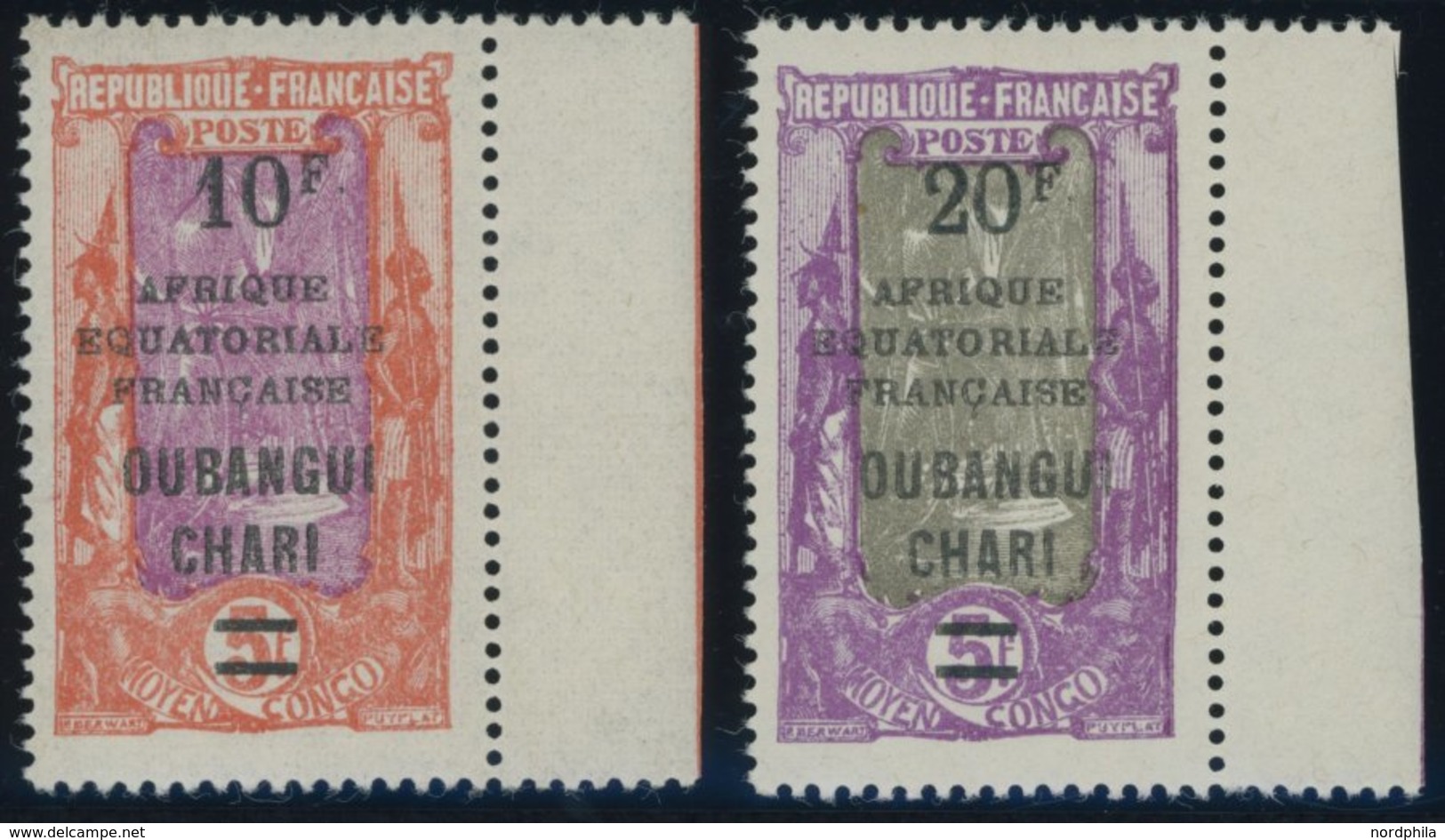 ZENTRALAFRIKANISCHE REPUB 80/1 **, Ubangi-Schari: 1927, 10 Fr. Auf 5 Fr. Orangerot/lila Und 20 Fr. Auf 5 Fr. Violett/gra - República Centroafricana