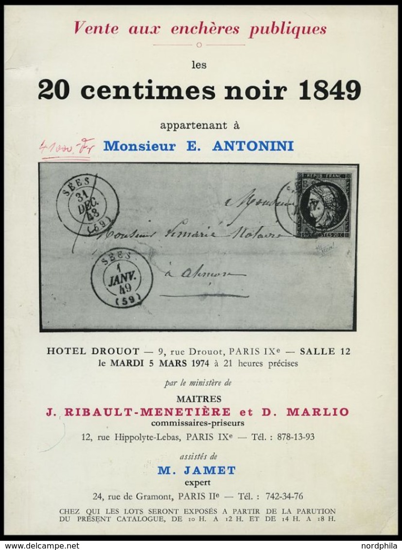 PHIL. LITERATUR Katalog 20 Centimes Noir 1849 - Appartenant à Monsieur E. Antonini, 1974, M. Jamet, 35 Seiten, Diverse A - Filatelia E Storia Postale