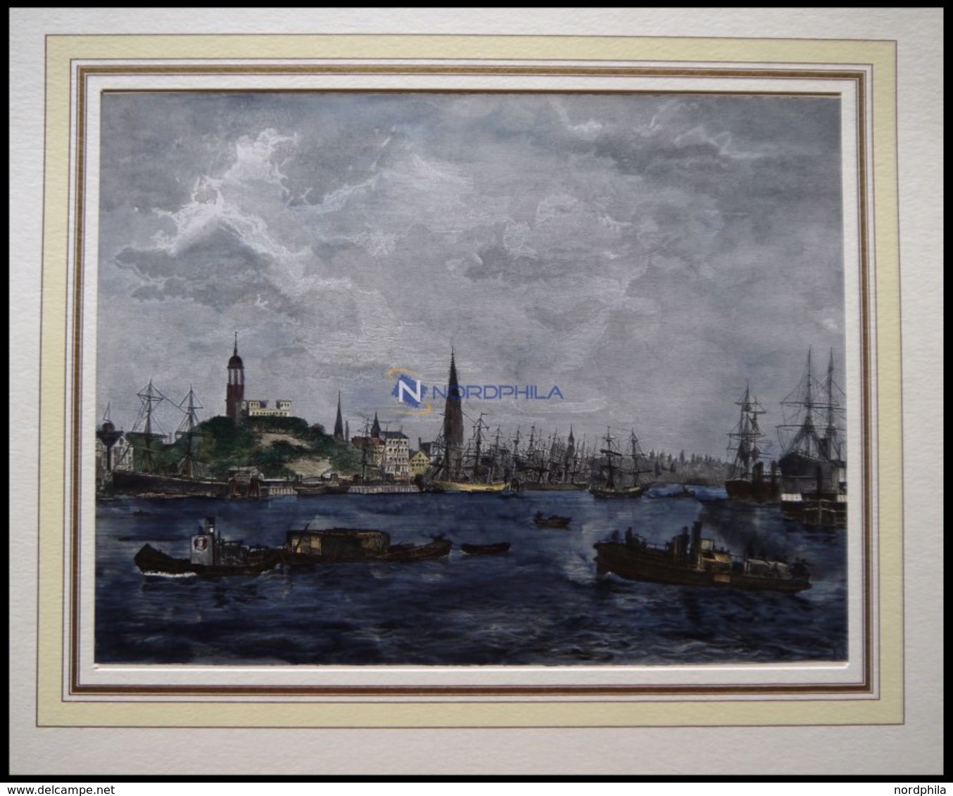 HAMBURG: Blick Auf Die Elbe Und Den Hamburger Hafen, Kolorierter Holzstich Von Gehrts Von 1881 - Lithographies