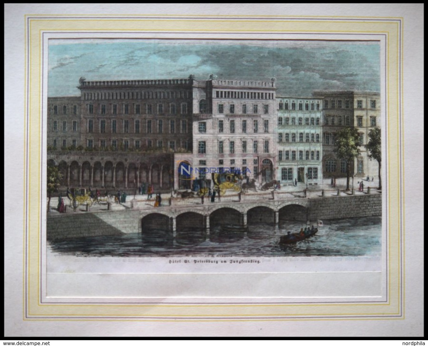 HAMBURG: Hotel St. Petersburg A, Jungfernstieg, Kolorierter Holzstich Um 1880 - Lithografieën