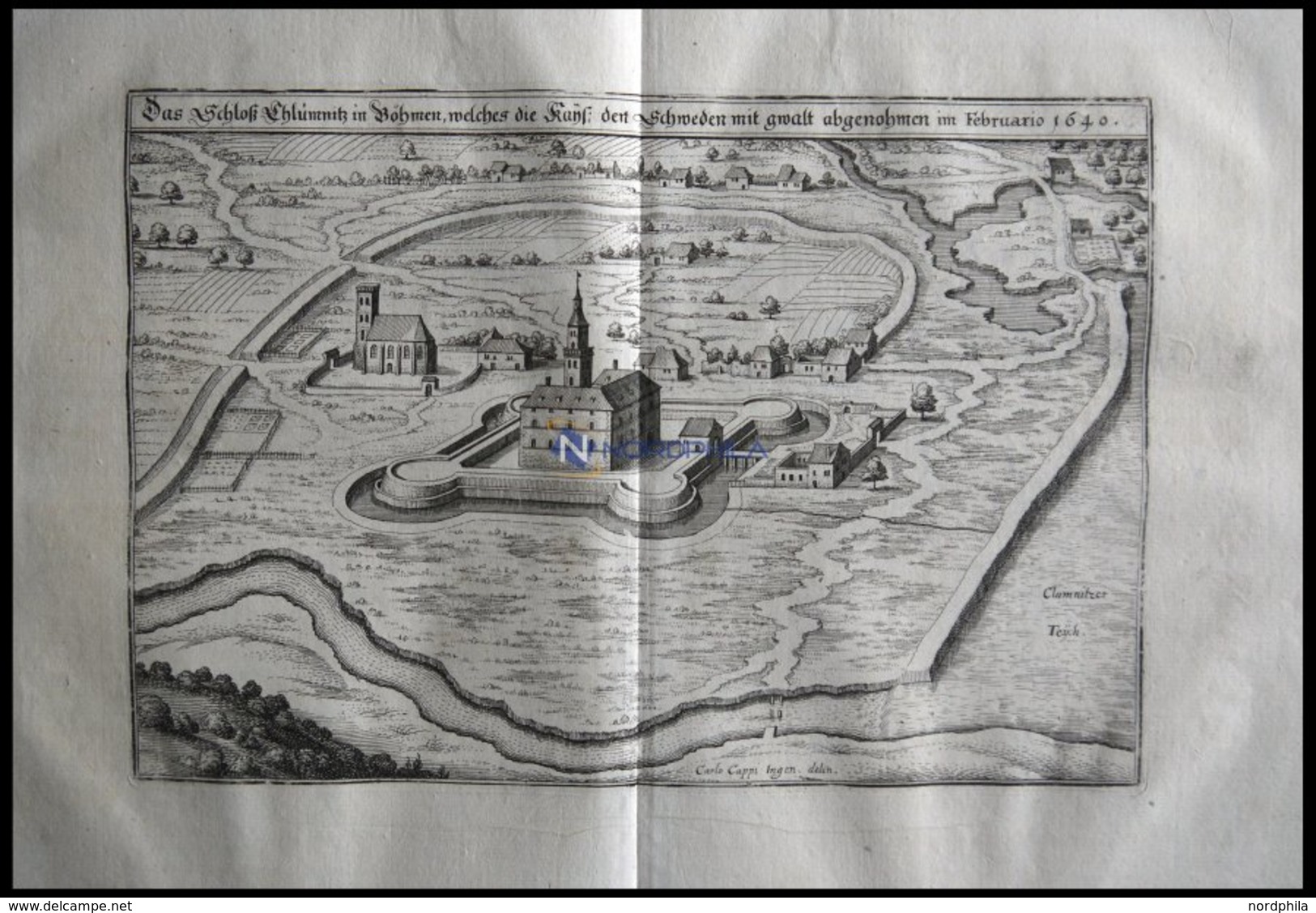 KHLUMETZ/BÖHMEN: Das Schloß Chlumnitz Mit Umgebung, Kupferstich Von Merian Um 1645 - Lithografieën