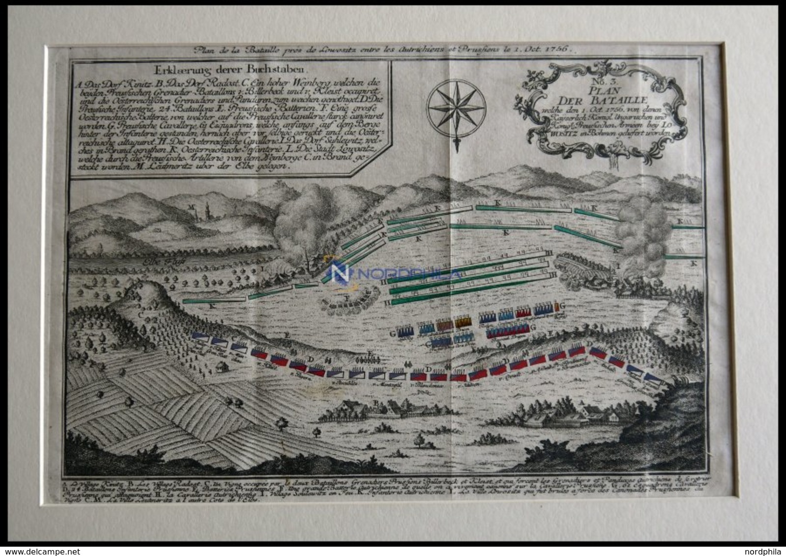 LOWOSITZ, Schlacht Vom 1.10.1756, Altkolorierter Kupferstich Von Ca. 1760 - Lithografieën