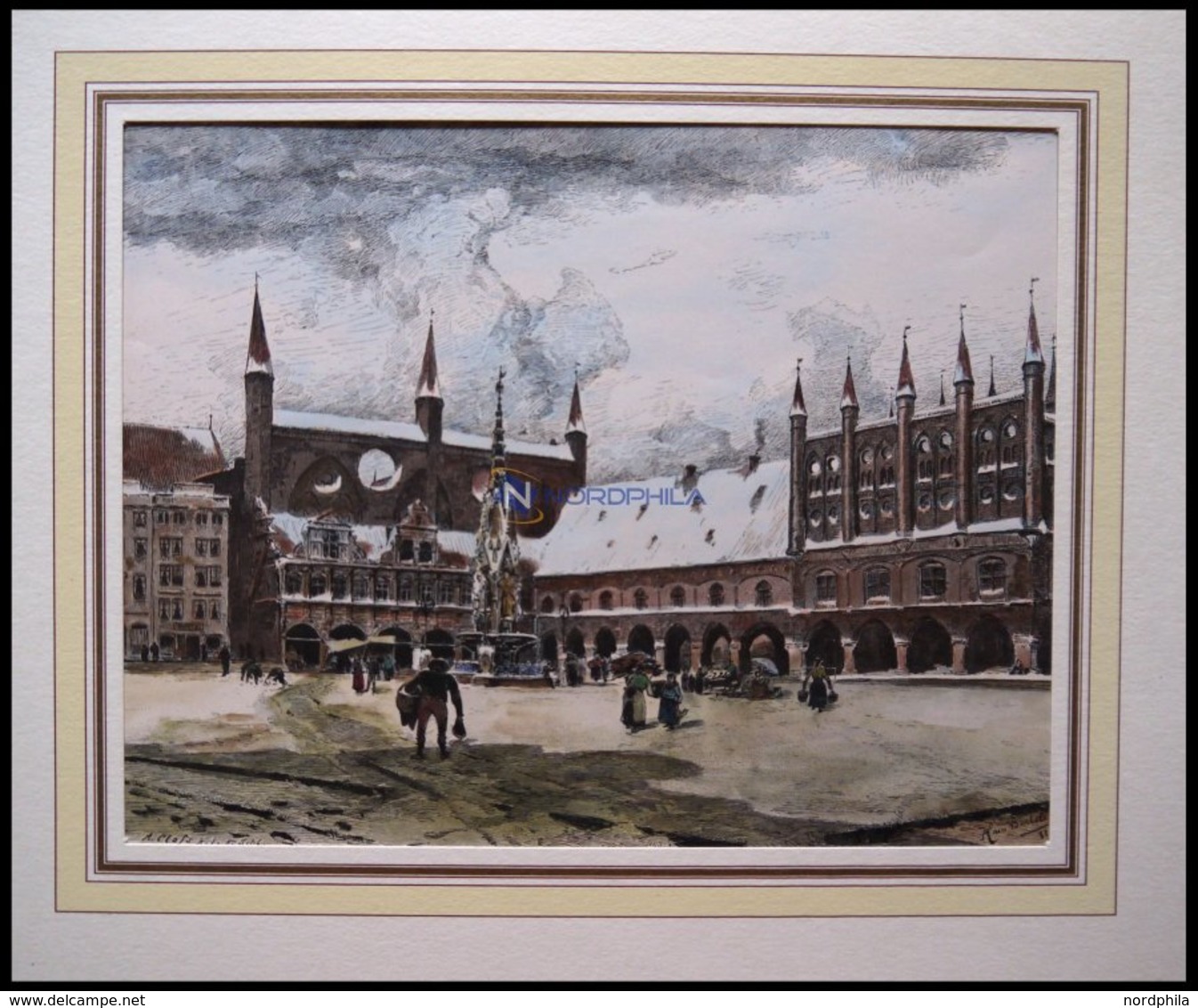 LÜBECK: Marktplatz Und Rathaus, Kol. Holzstich Von Bartels Von 1881 - Lithografieën