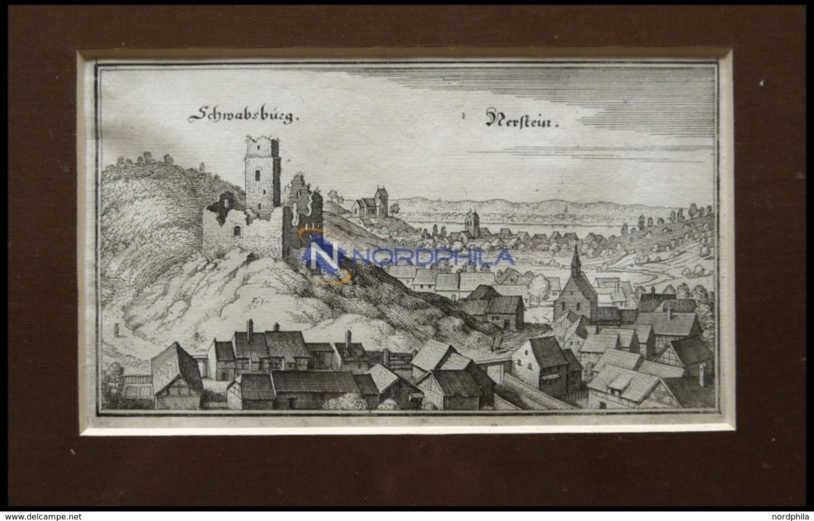 NIERSTEIN, Teilansicht Mit Der Schwabsburg, Kupferstich Von Merian Um 1645 - Lithografieën