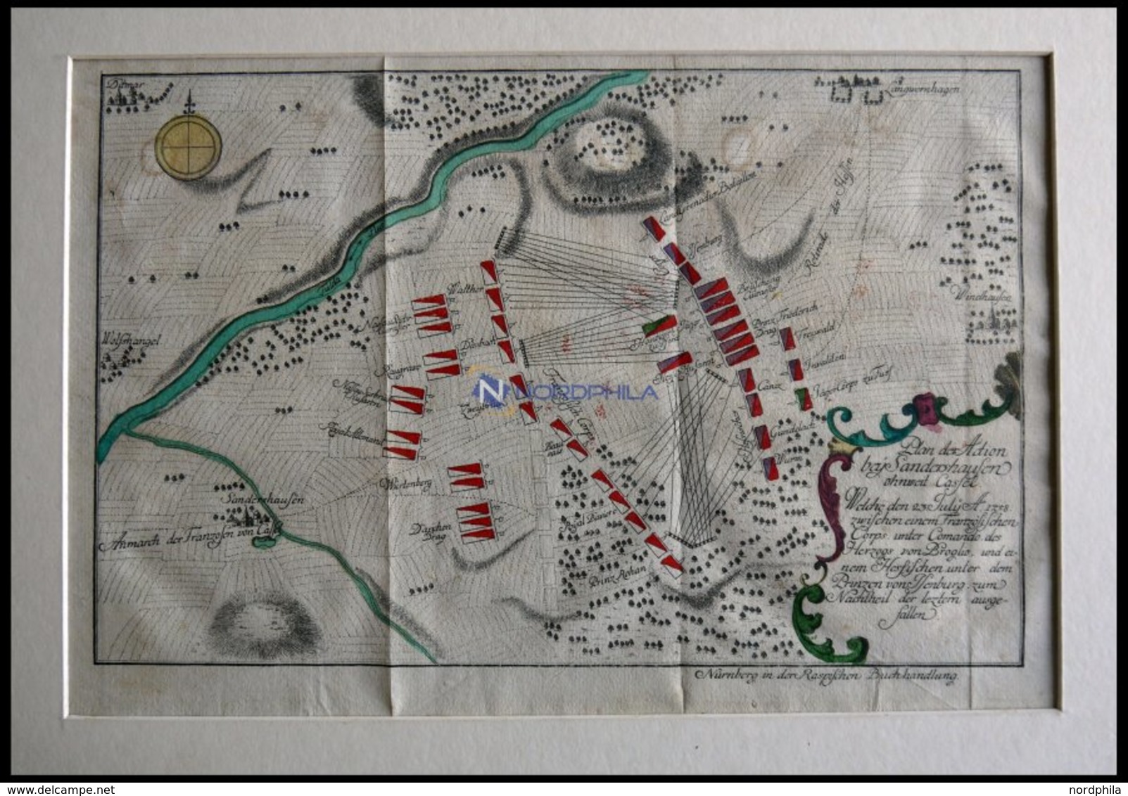 SANDERSHAUSEN, Plan Der Schlacht Vom 23.7.1758, Altkolorierter Kupferstich Bei Raspische Buchhandlung 1760 - Litografia