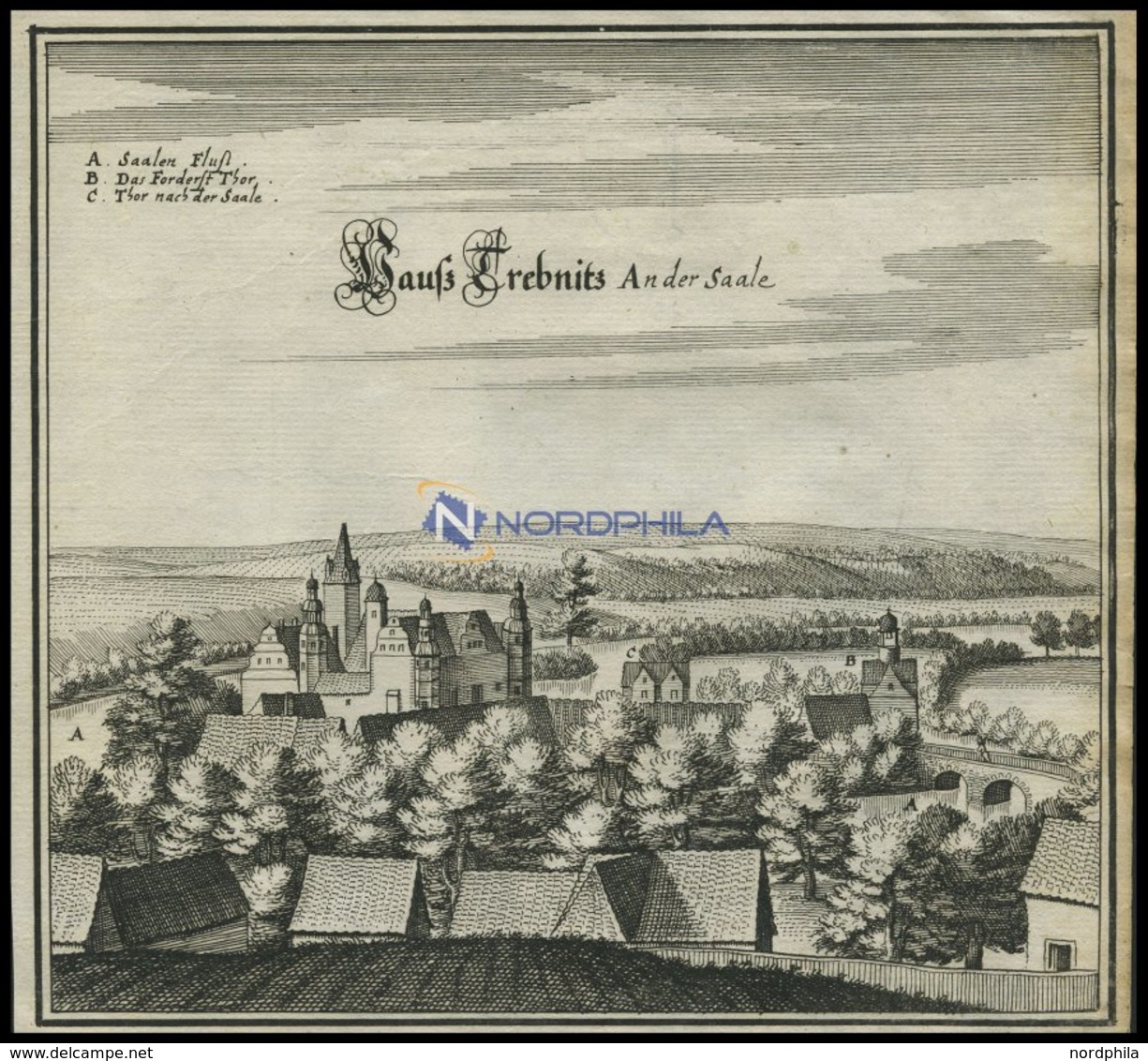 TREBNITZ Auf D. SAALE, Gesamtansicht, Kupferstich Von Merian Um 1645 - Lithographies