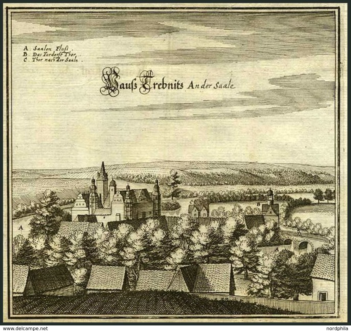 TREBNITZ An D. SAALE, Gesamtansicht, Kupferstich Von Merian Um 1645 - Lithografieën
