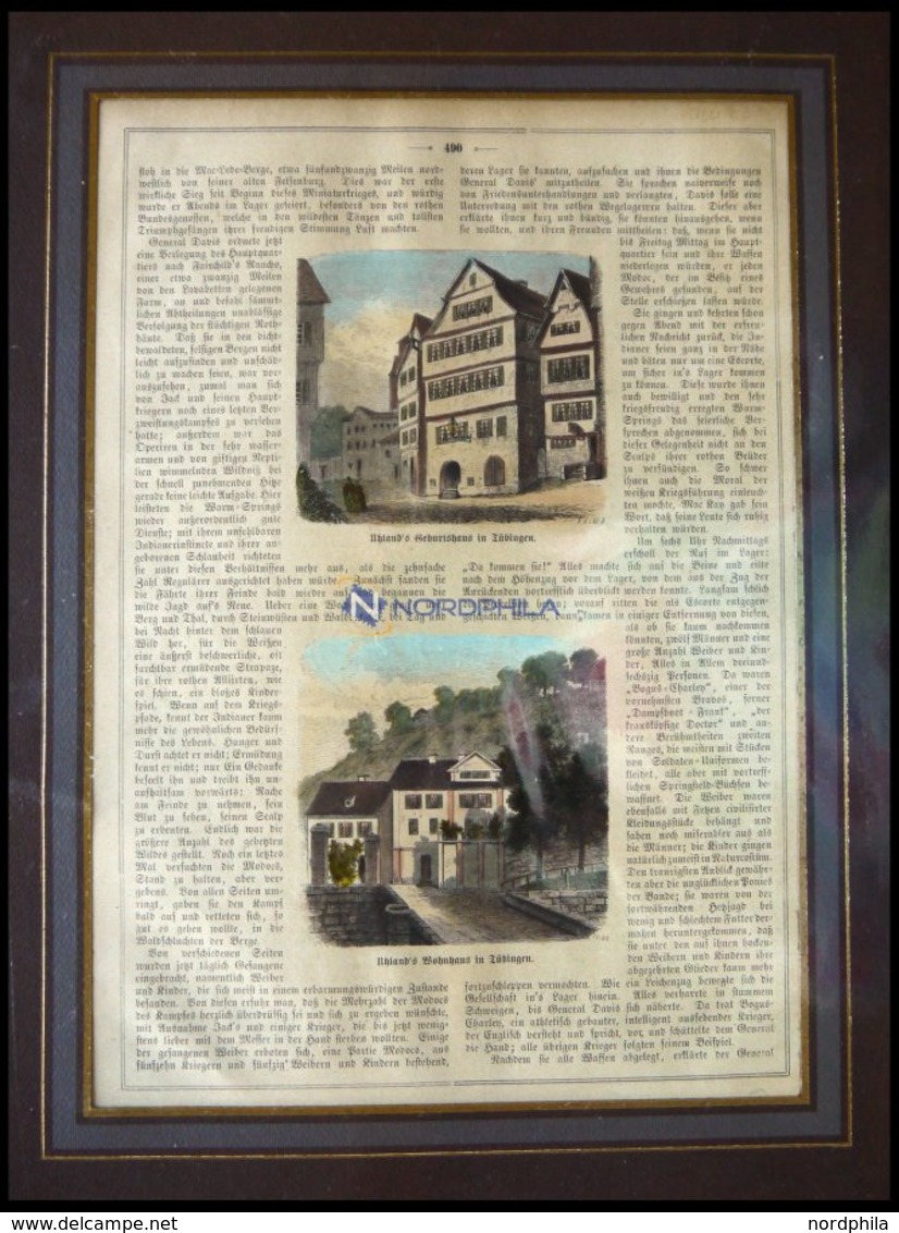 TÜBINGEN, Uhland`s Geburtshaus Und Wohnung, 2 Kolorierter Holzstiche Auf Einem Blatt Um 1880 - Lithografieën