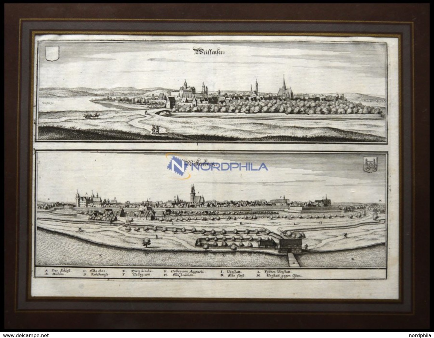 WEISSENSEE Und WITTENBERG, 2 Gesamtansichten Auf Einem Blatt, Kupferstich Von Merian Um 1645 - Lithografieën