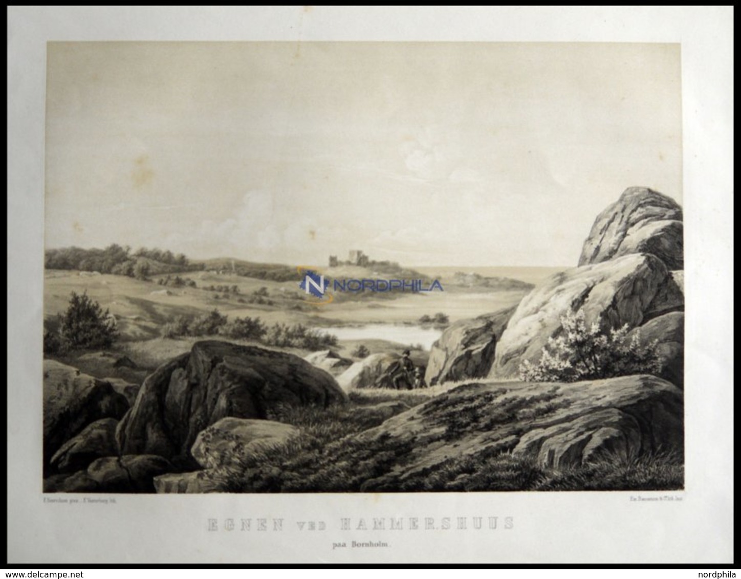 BORNHOLM (Egnen Ved Hammershuus Paa Bornholm), Die Gegend Bei Hammershuus, Blick Auf Die Ruinen, Lithographie Mit Tonpla - Litografia