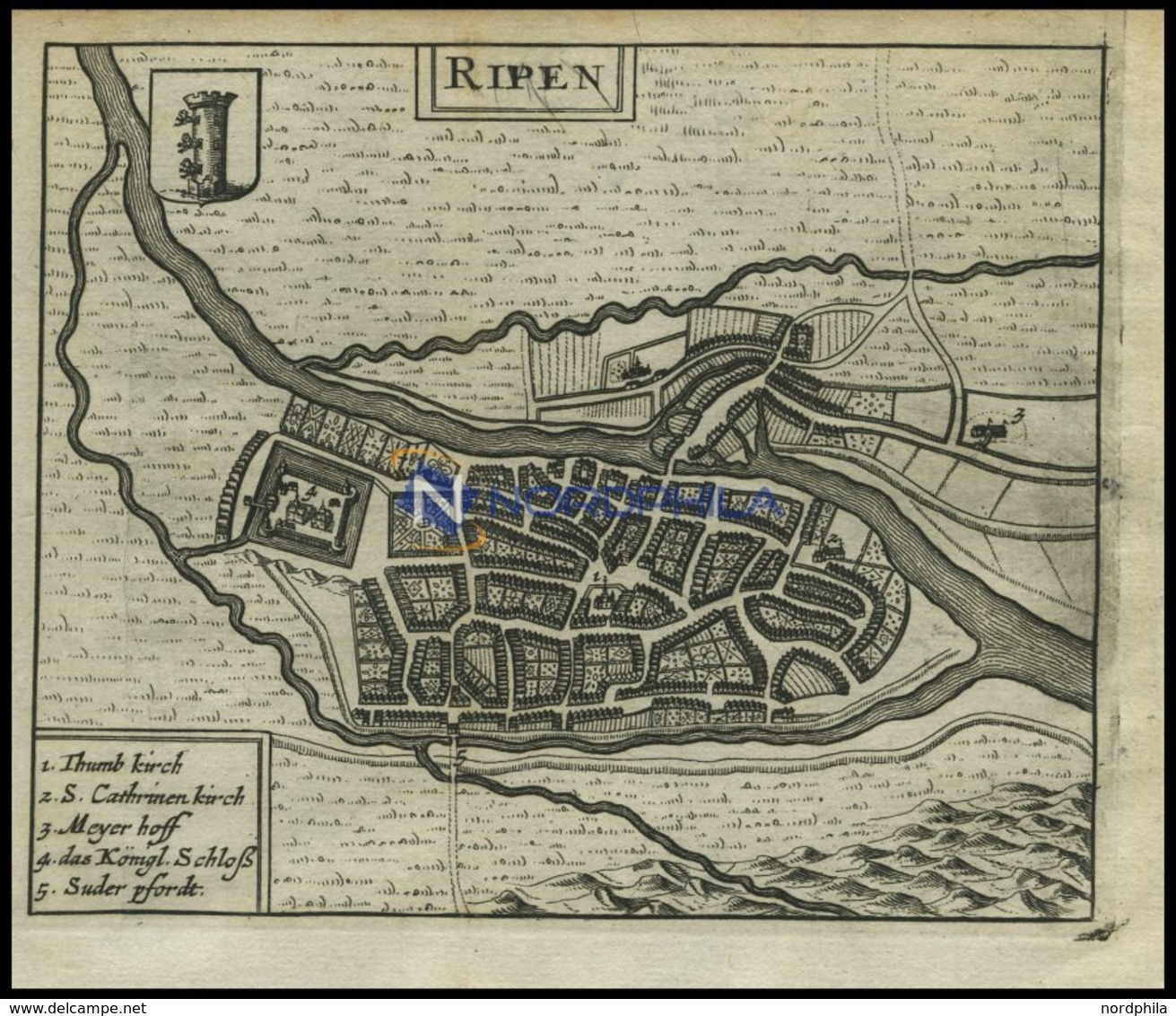 RIPEN, Stadtplan Mit Den Königlichen Schloß, Kupferstich Von Zeiller 1655 - Lithografieën