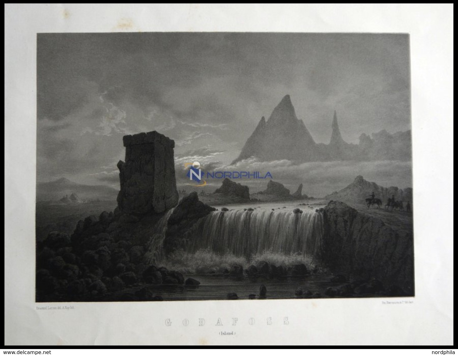 GODAFOSS (Godafoss), Wasserfall Bei Mondschein, Lithographie Mit Tonplatte Von Alexander Nay Nach Emanuel Larsen Bei Emi - Lithografieën