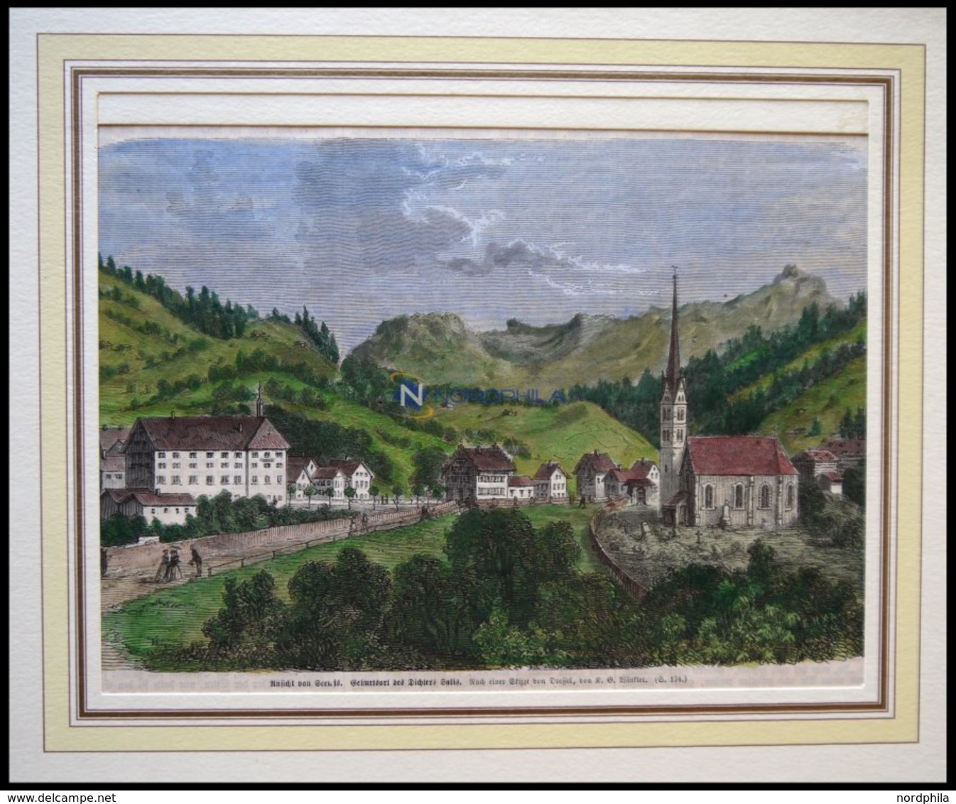 SEENIS: Geburtsort Des Dichters Salis, Kolorierter Holzstich Von Winkler Von 1868 - Lithografieën