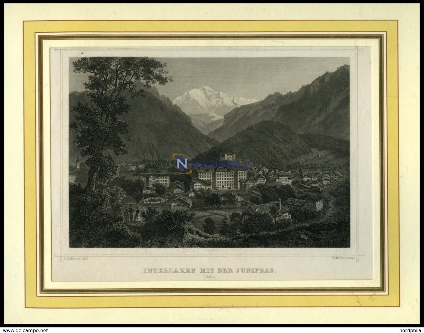 INTERLAKEN, Gesamtansicht Mit Der Jungfrau, Stahlstich Von Rohbock/Müller Um 1840 - Lithografieën