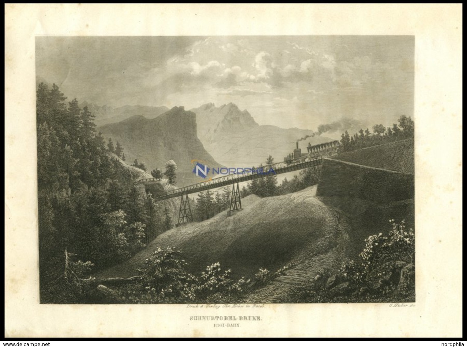 SCHNURTOBEL-BRUKE: Die Rigi-Bahn, Stahlstich Von Huber Um 1840 - Lithographies