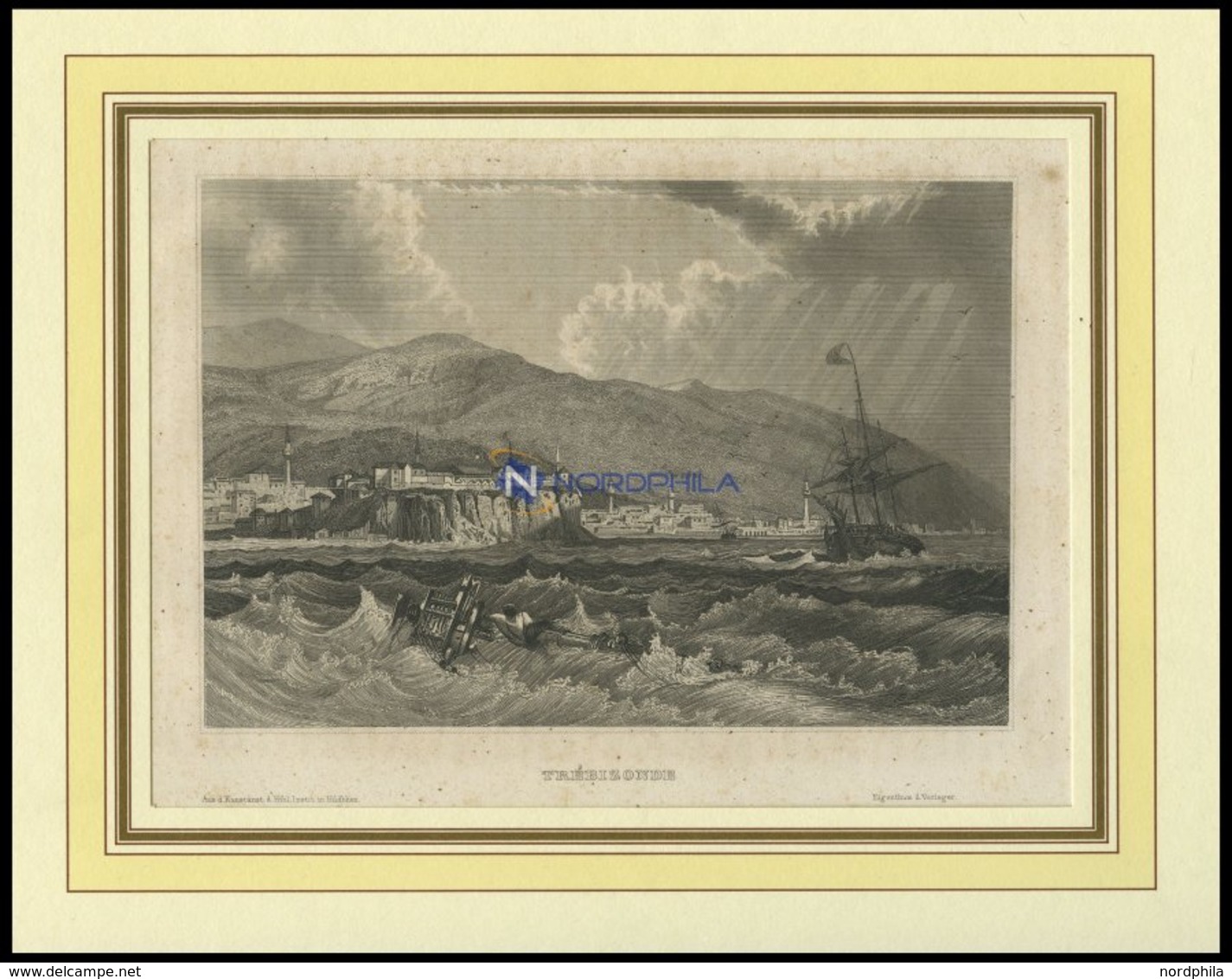 TREBIZONDE, Gesamtansicht über Die Stürmische See Mit Schiffbrüchigen Im Vordergrund, Stahlstich Von B.I. Um 1840 - Lithografieën