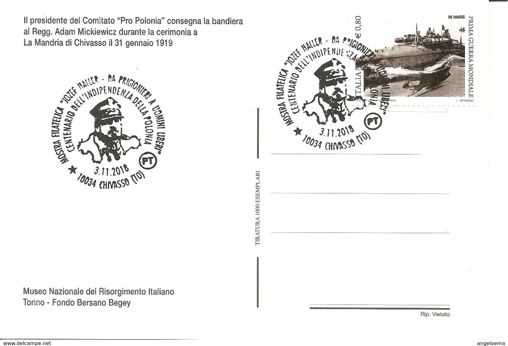 ITALIA - 2018 CHIVASSO (TO) Cent. Indipendenza Polonia - Josef Haller Da Prigionieri A Uomini Liberi Su Cartolina - 2949 - Seconda Guerra Mondiale