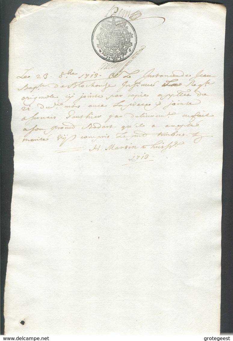 Acte Notarié Avec Cachet Fiscal De 2 Sols De Luxembourg 1713 - 1 Page 23 Octobre 1713. - 13527 - ...-1852 Prephilately