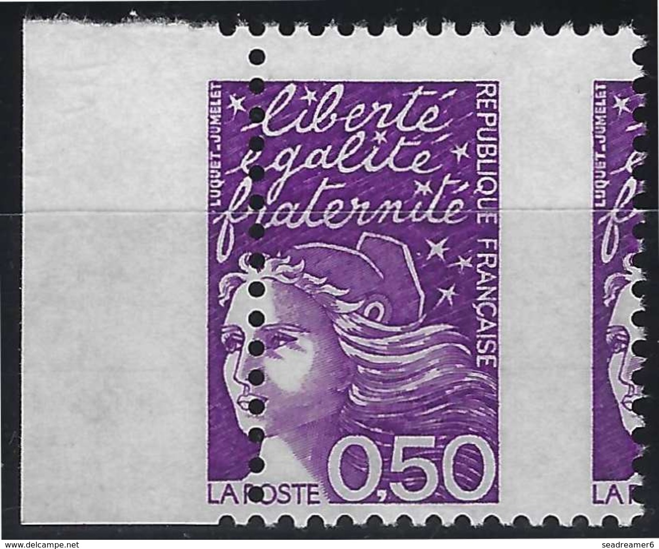 Marianne Luquet 3088**  0,50 C Violet Bdf Rouge Variété De Piquage Décalé Lateral TTB Signé Calves - Unused Stamps