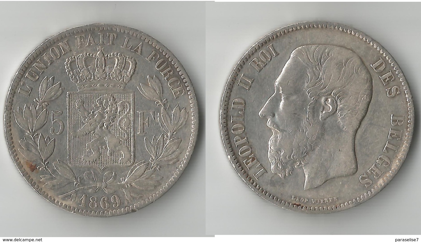 BELGIQUE 5 FRANCS 1869 ARGENT - 5 Francs