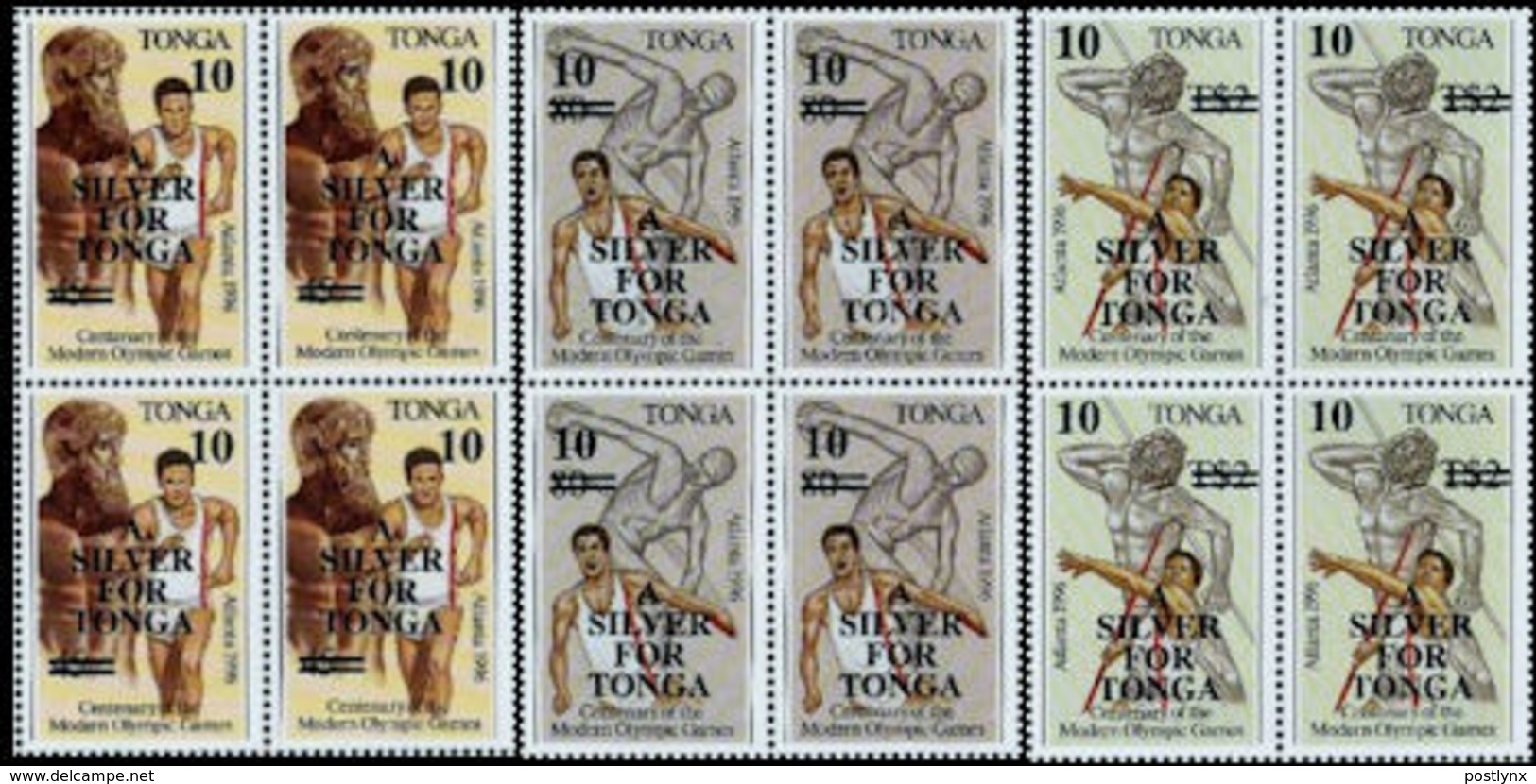 TONGA 1997 Olympics Atlanta OVPT:10s On 45p/80/2s/ Running Discus Javelin 4-BLOCKS:3 (12 Stamps) Greece-related - Summer 1996: Atlanta