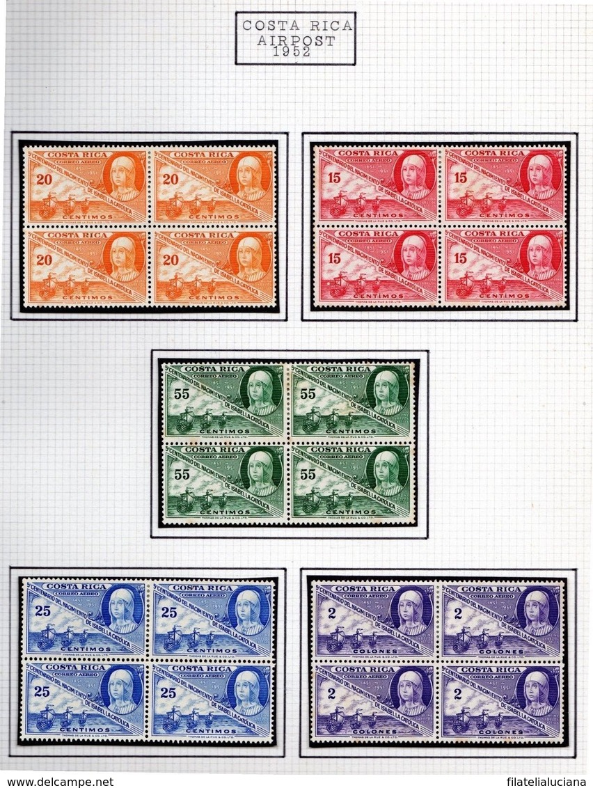 Costa Rica 1952 Queen Isabella + Columbus Caravels - BLOCKS Of 4 New With Gum Scott C211-C215 - Costa Rica