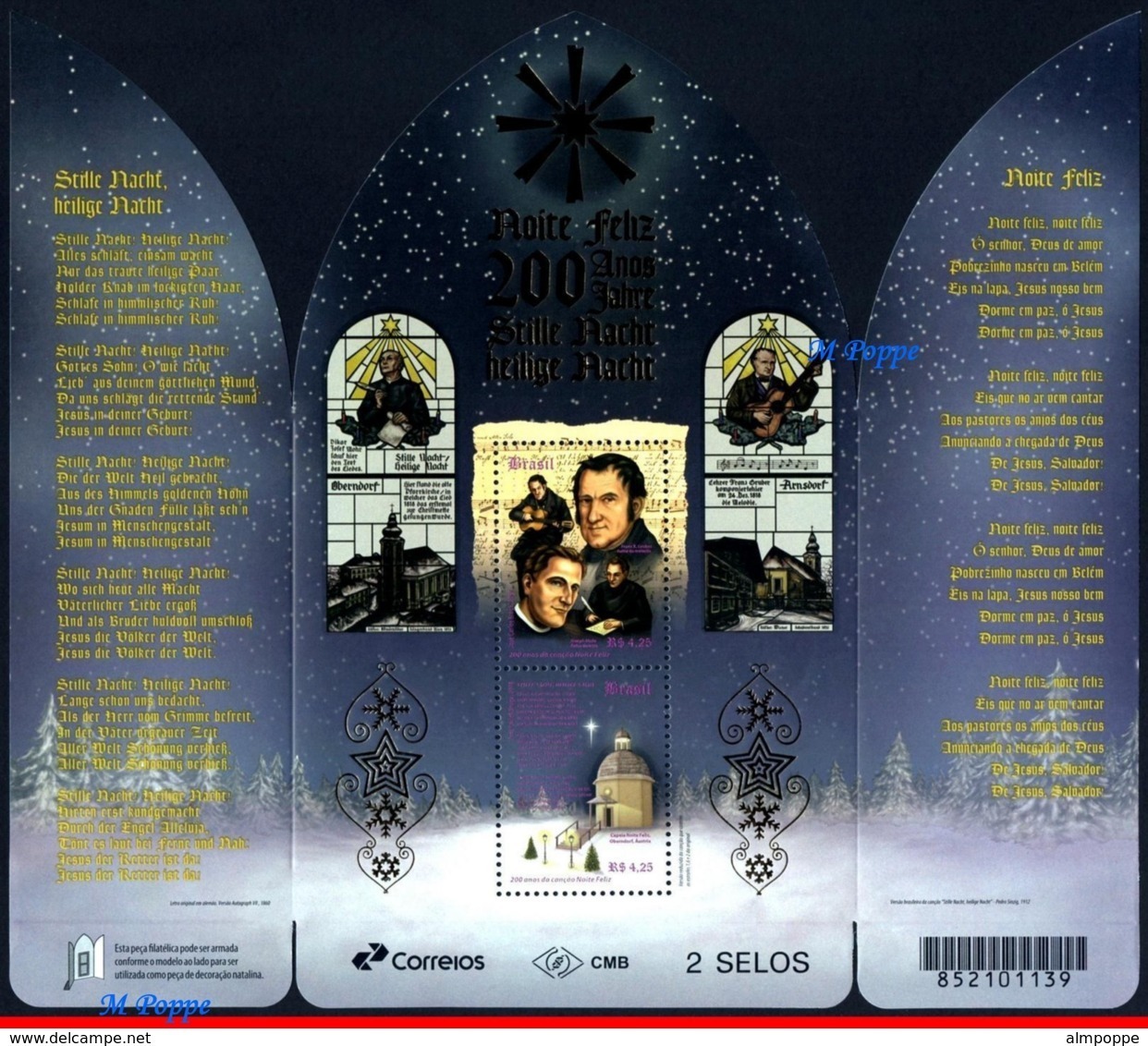 Ref. BR-V2018-16-3 BRAZIL 2018 - 200 YEARS OF �SILENT, NIGHT� SONG, SET AND S/S MNH, CHRISTMAS 4V - Neufs