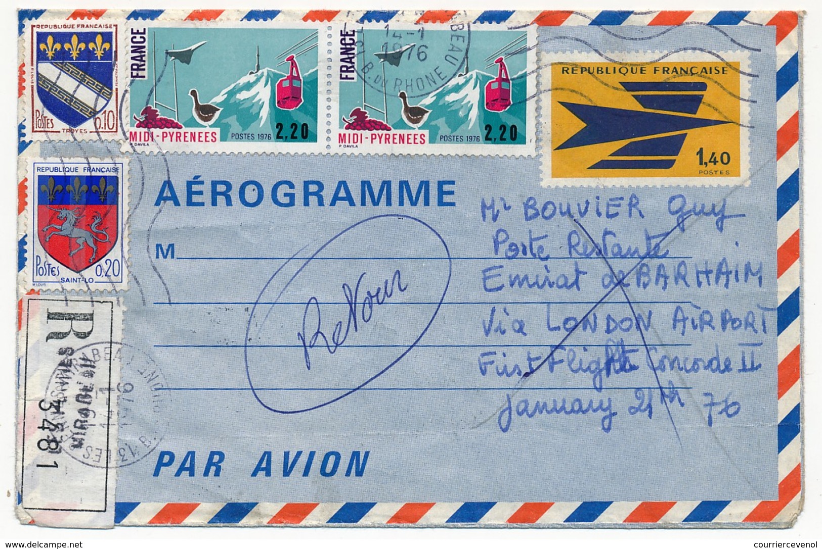 FRANCE - Aérogramme 1,40 Oiseau (Logo De La Poste) + Affr Compl. - Cachets Arrivée BAHRAIN Et LONDRES 1976 - Aerograms