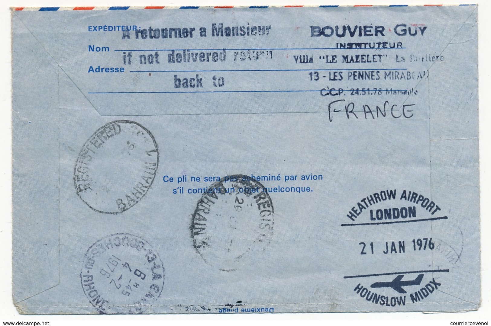 FRANCE - Aérogramme 1,40 Oiseau (Logo De La Poste) + Affr Compl. - Cachets Arrivée BAHRAIN Et LONDRES 1976 - Aerograms