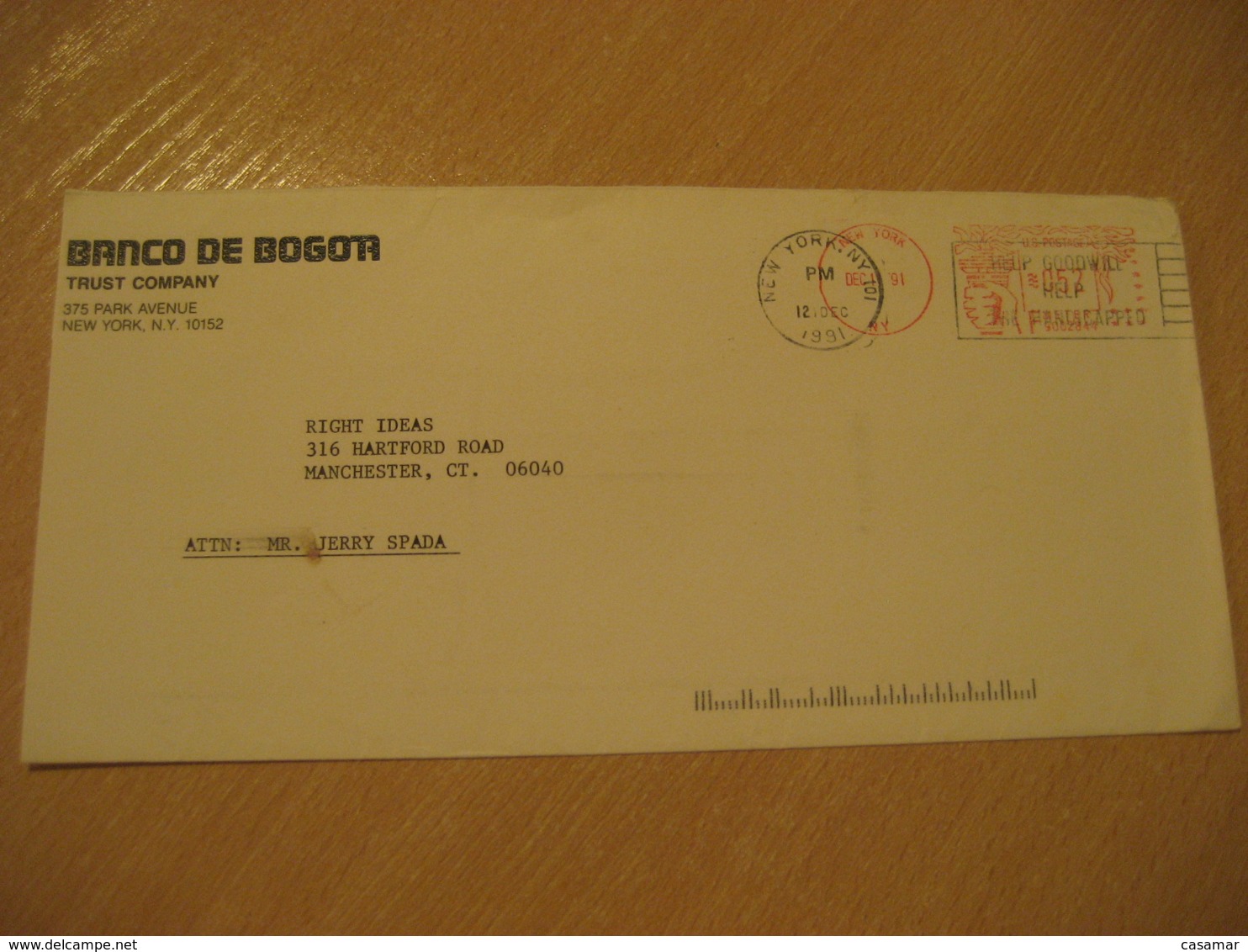 New York USA 1991 BANCO DE BOGOTA Handicapped Cancel Meter Mail Cancel Cover BOLIVIA - Bolivia