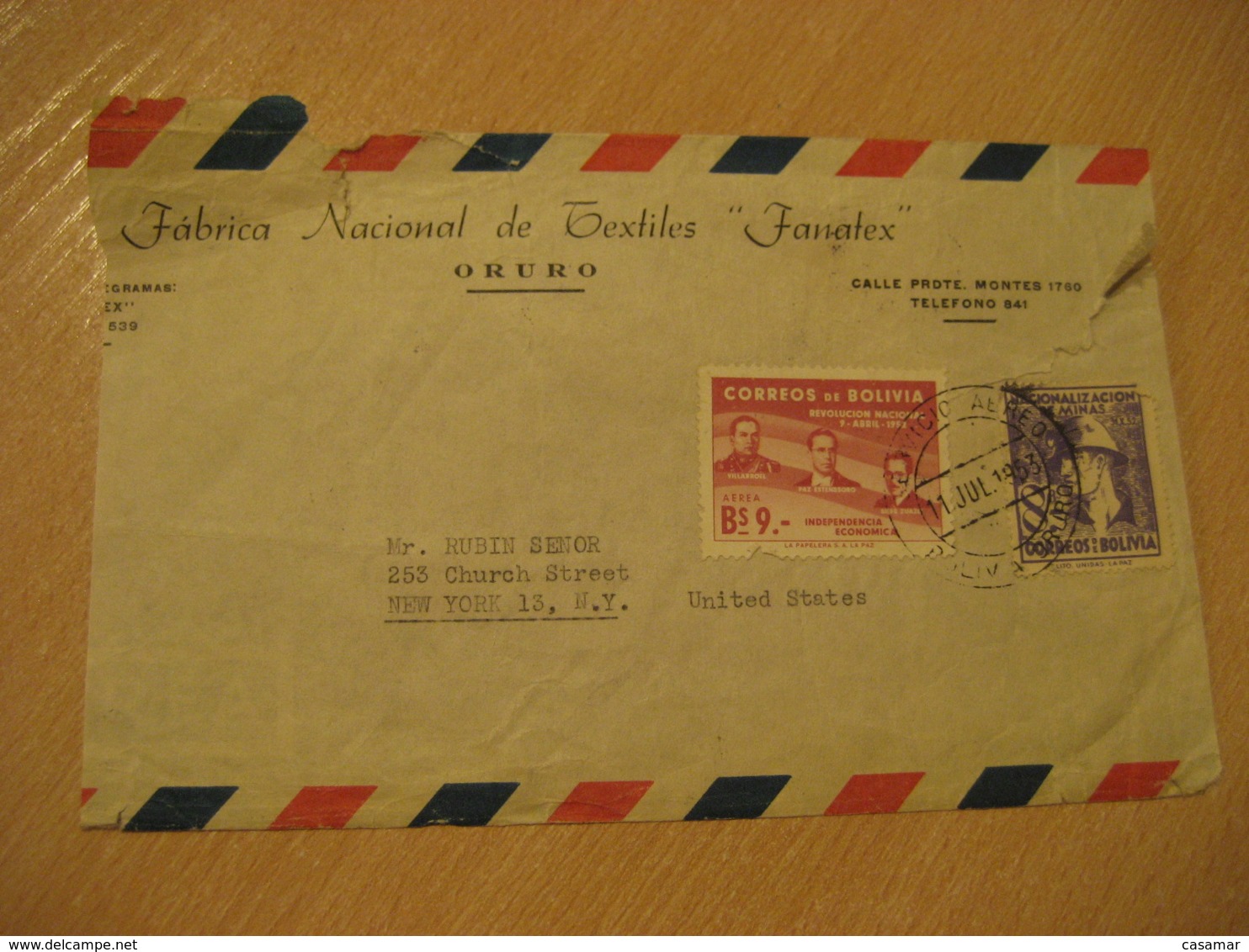 ORURO 1953 To New York USA 2 Stamp Cancel Air Mail Cover BOLIVIA - Bolivia