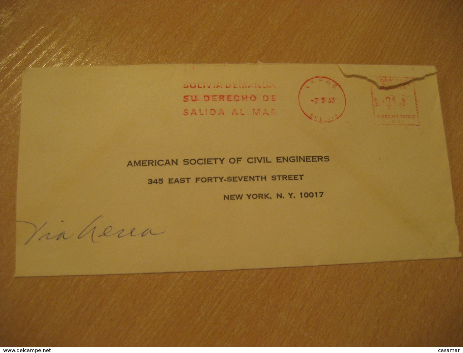 LA PAZ 1963 To New York USA Derecho Salida Al Mar Cancel Meter Air Mail Cover BOLIVIA - Bolivië