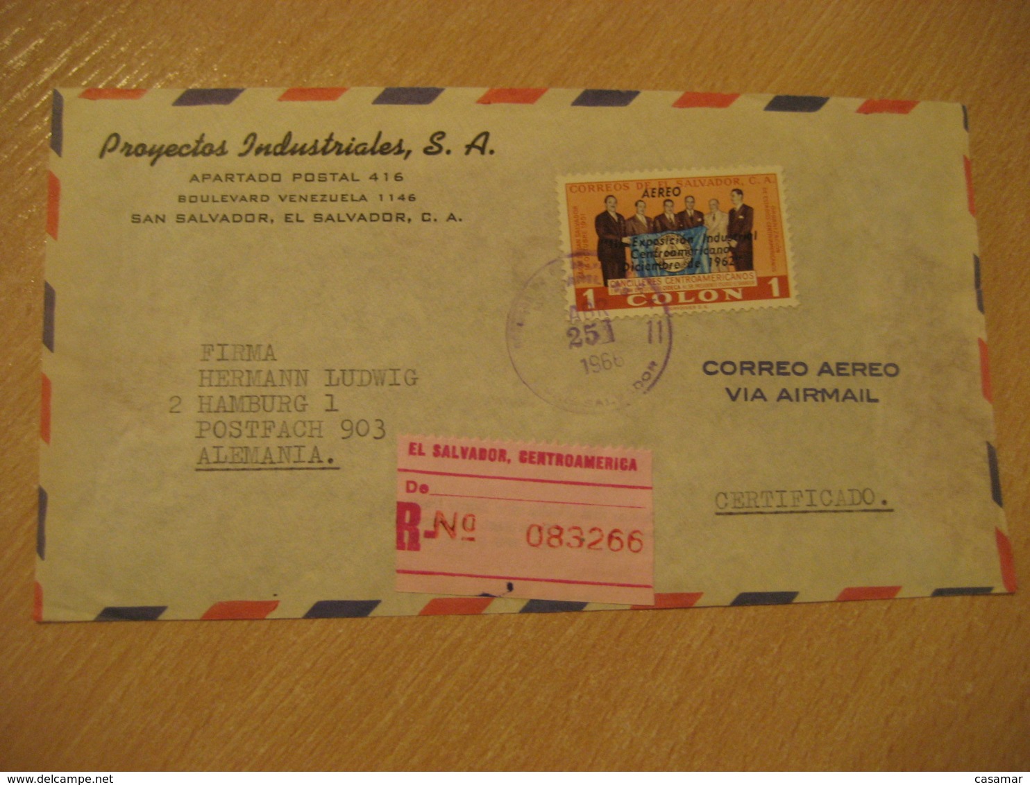 SAN SALVADOR 1966 To Hamburg Gedrmany Stamp Registered Cancel Air Mail Frontal Front Cover EL SALVADOR - Salvador