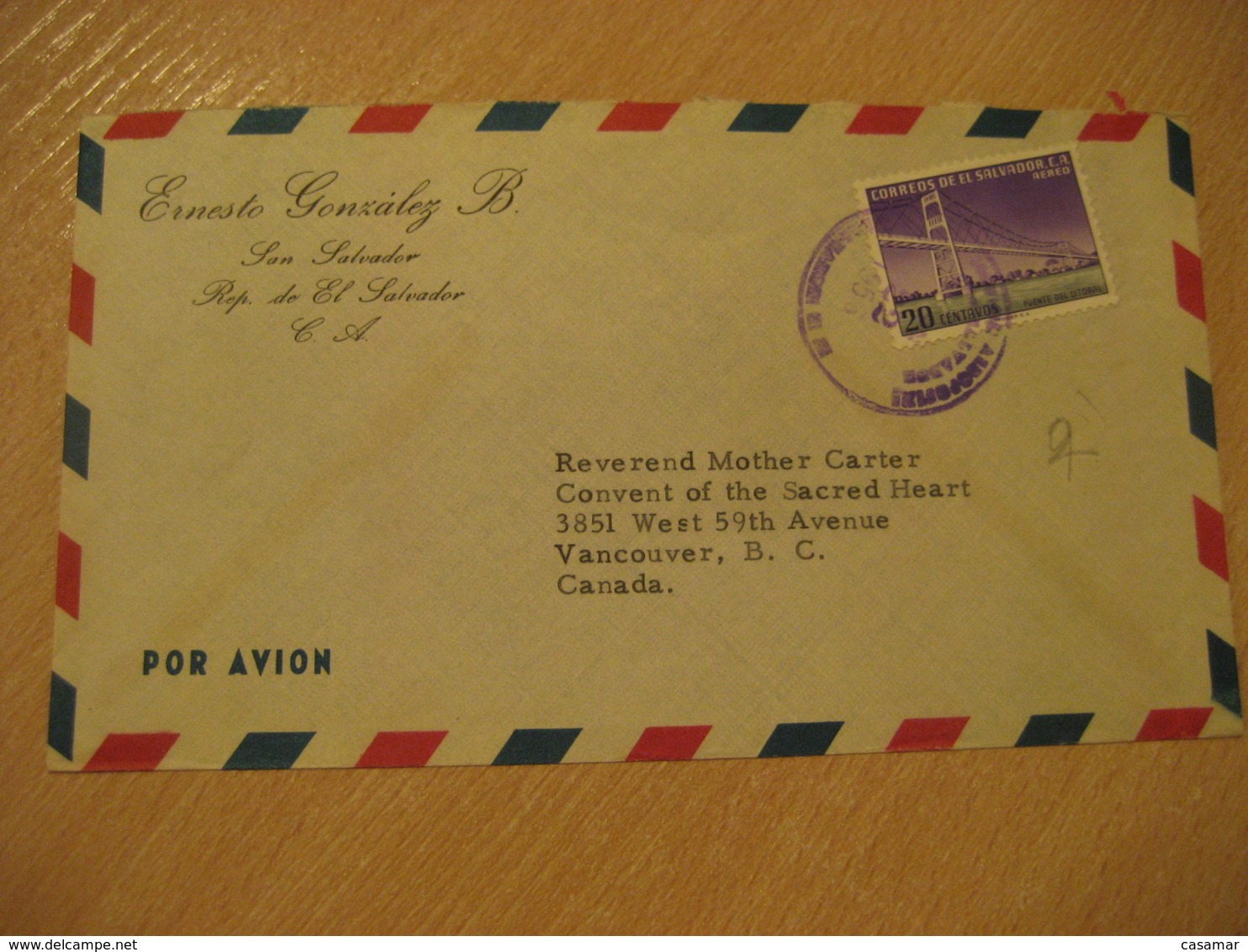 SAN SALVADOR 1956 To Vancouver Canada Bridge Stamp Cancel Air Mail Cover EL SALVADOR - Salvador