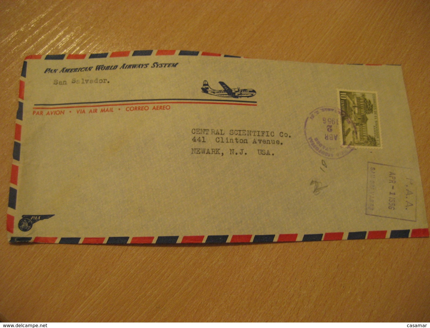 SAN SALVADOR 1956 To Newark USA Pan American World Airways System Stamp Cancel Air Mail Cover EL SALVADOR - Salvador