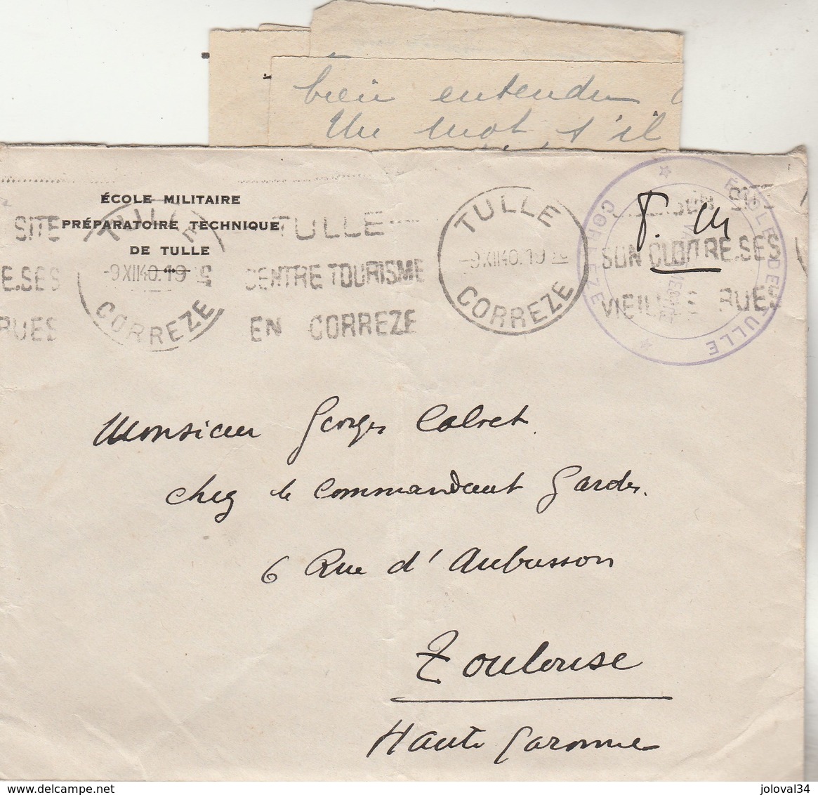 Lettre Cachet Griffe Ecole Militaire Préparatoire Technique De TULLE Corrèze 9/12/1940 Pour Toulouse - Guerre De 1939-45