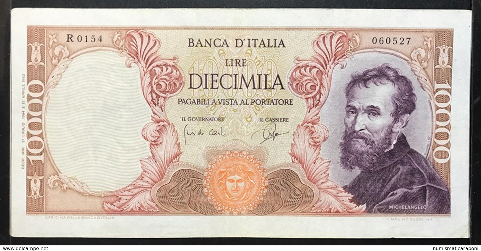 10000 LIRE MICHELANGEO BUONARROTI 27 07 1964 Raro  Bb/spl Pressato  LOTTO 151 - 10000 Lire