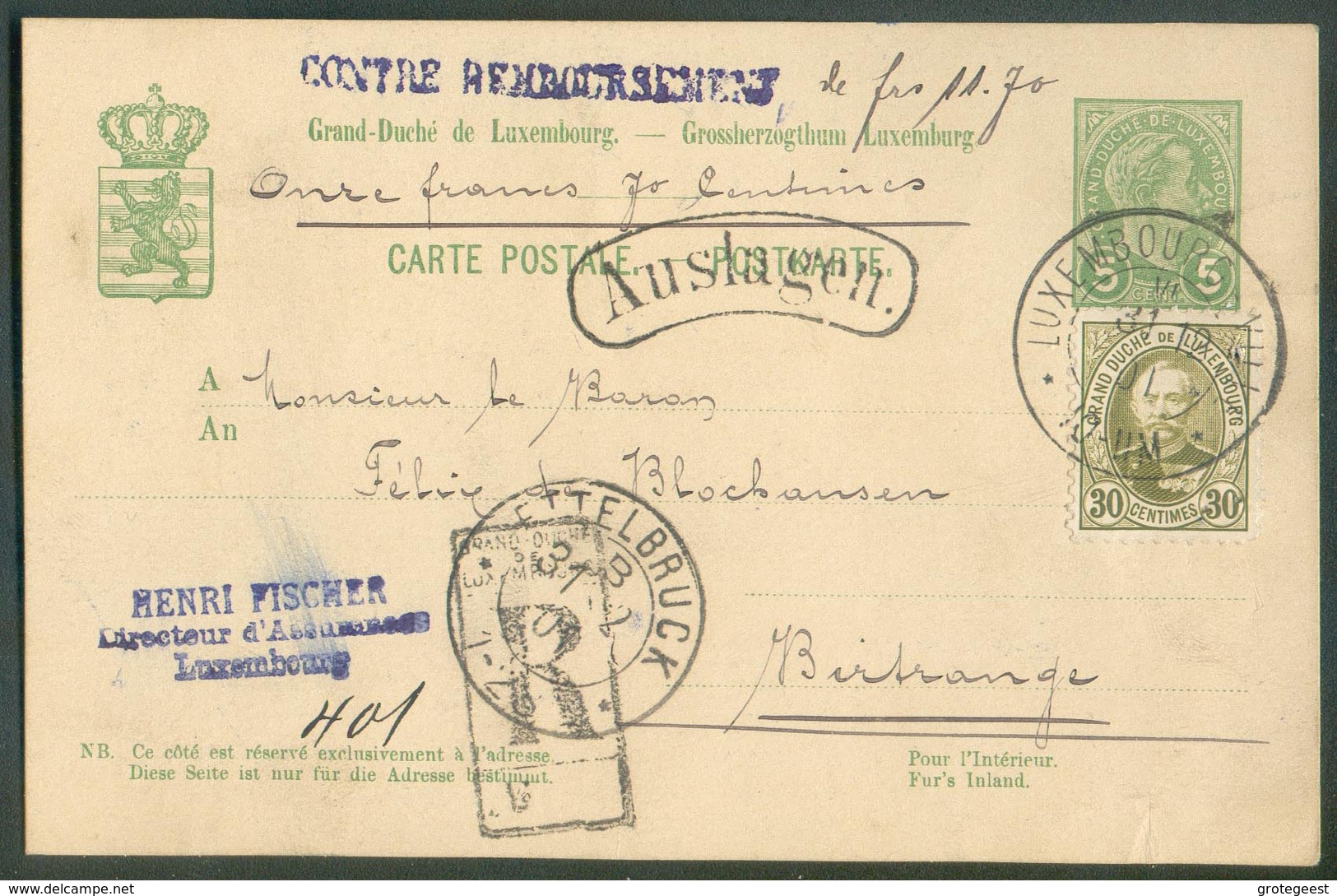 5c. Adolphe + Tp 30centimes Obl. Dc LUXEMBOURG-VILLE En Recommandé (recomandirt) 31-12-1901 + Griffe AUSLAGEN Contre-rem - Stamped Stationery