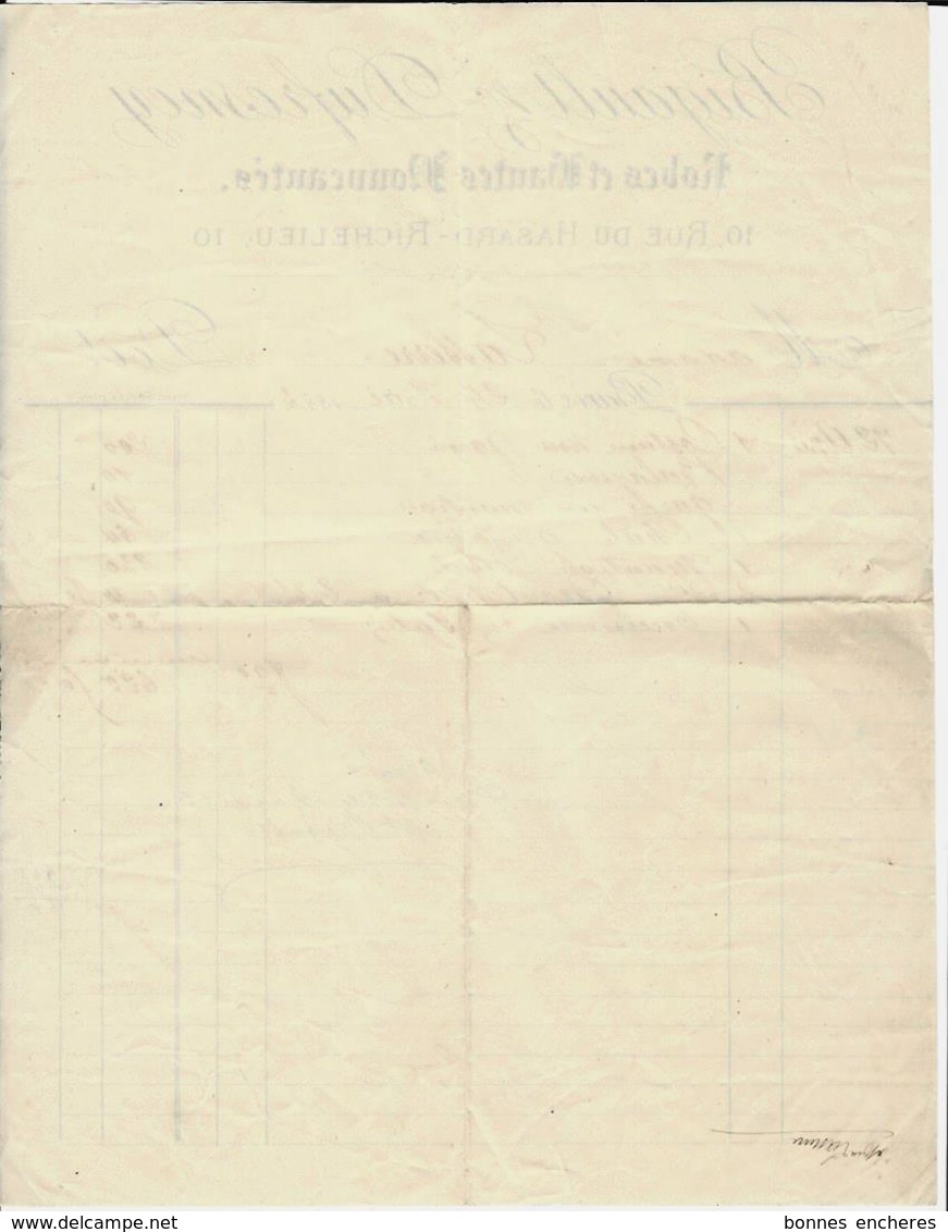 1883 FACTURE AVEC ENTETE BIGAULT DUFRESNEY "ROBES  Et HAUTES NOUVEAUTÉS" Paris Rue Du Hasard Richelieu B.E.VOIR SCANS - 1800 – 1899
