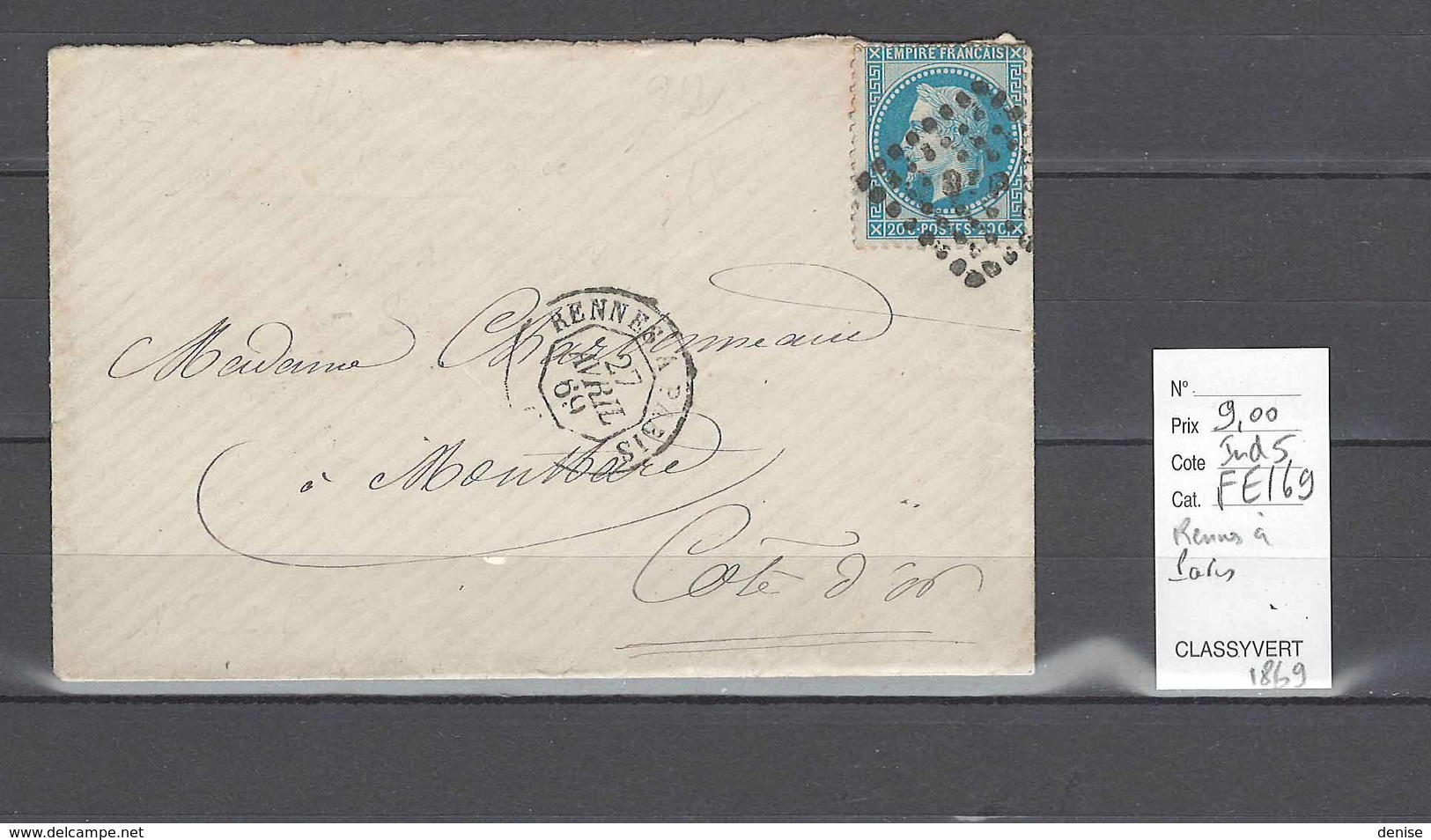 Lettre Ambulant Rennes à Paris - Indice 5 - 1869 - Poste Ferroviaire