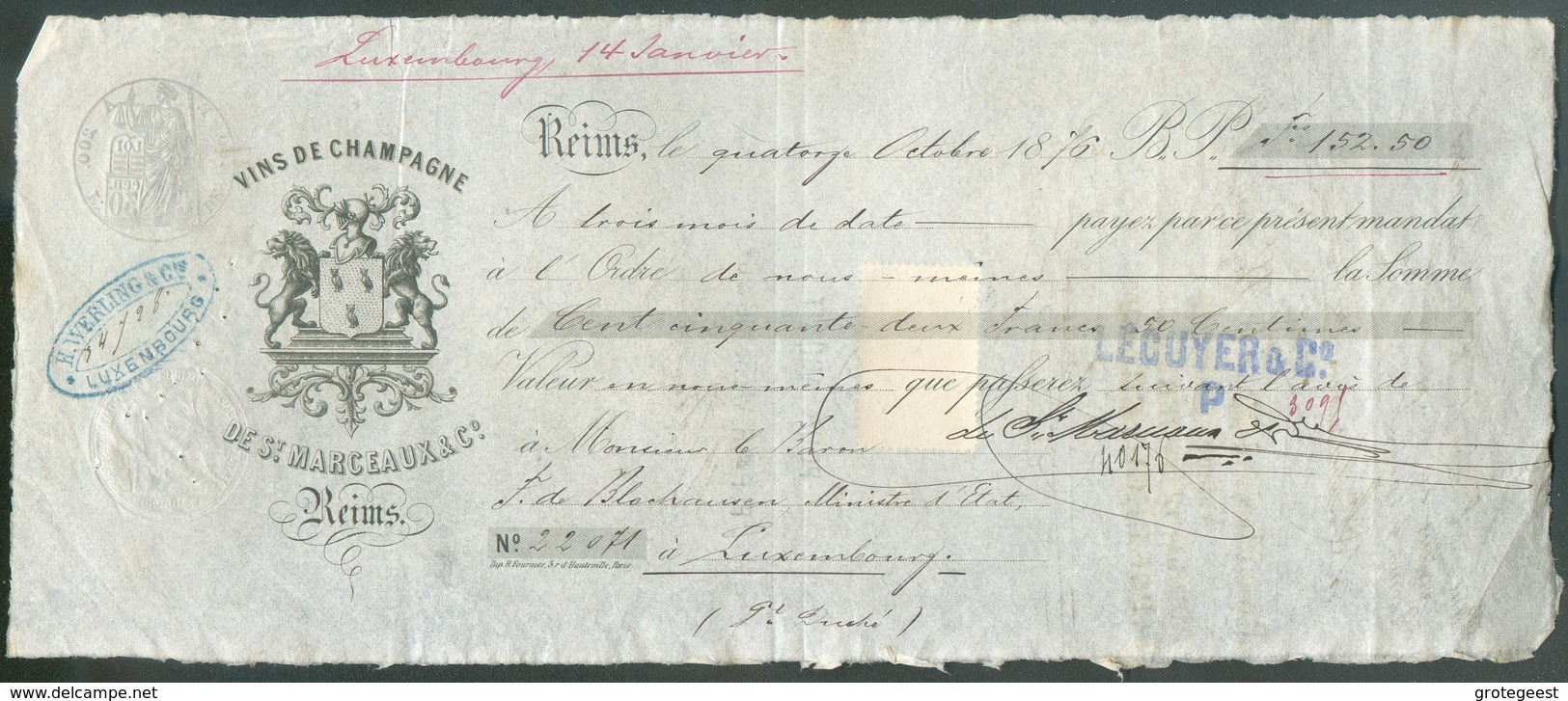 Mandat établi à REIMS Le 14 Octobre 1876 (VINS De CHAMPAGNE De Saint Marceaux) à L'ordre De Nous-mêmes La Somme De 152,5 - Fiscale Zegels