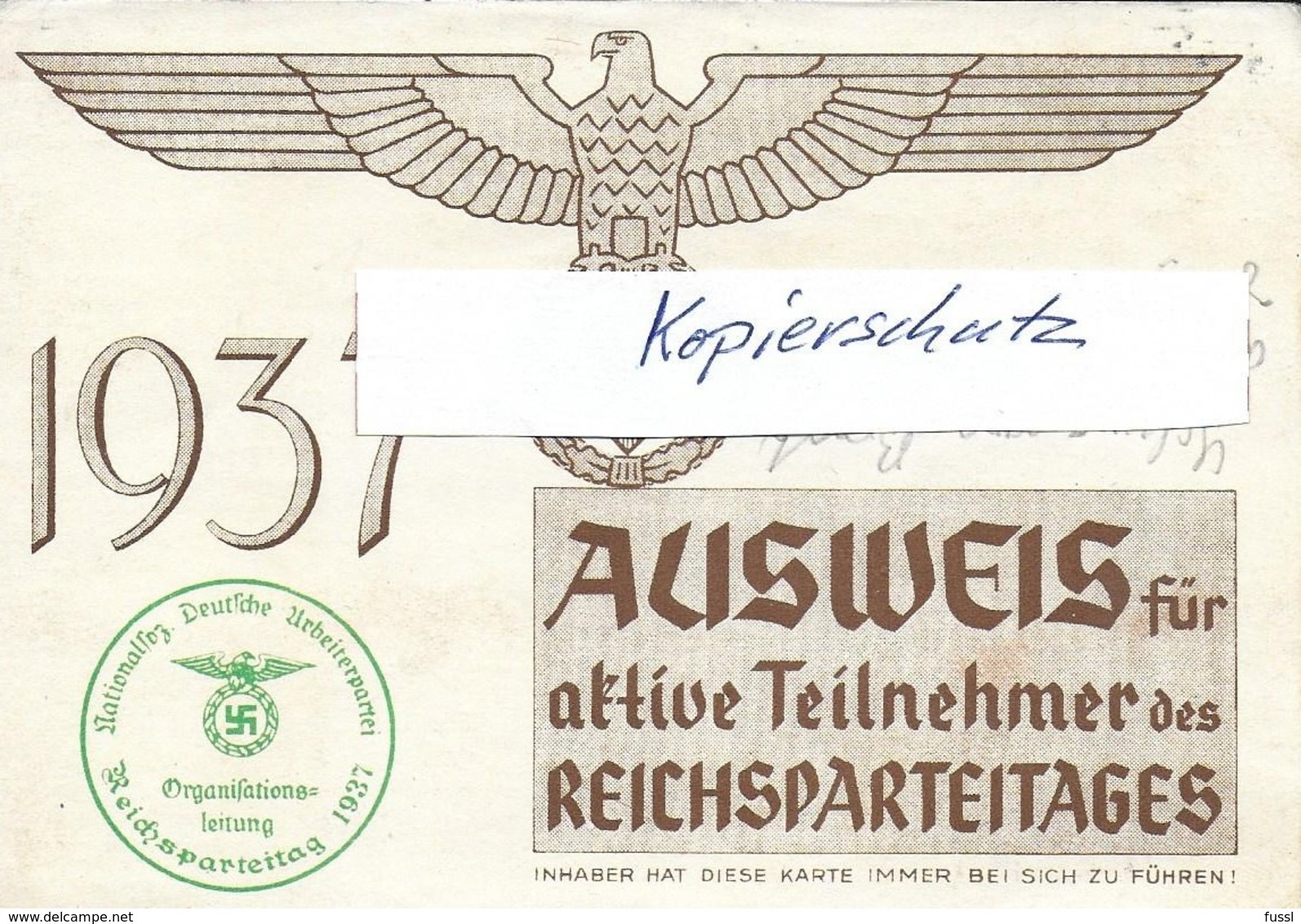 Propaganda, Hitler, Nazi, Drittes Reich, Reichsparteitag, Hakenkreuz, Swastika, Ausweis - Guerra 1939-45