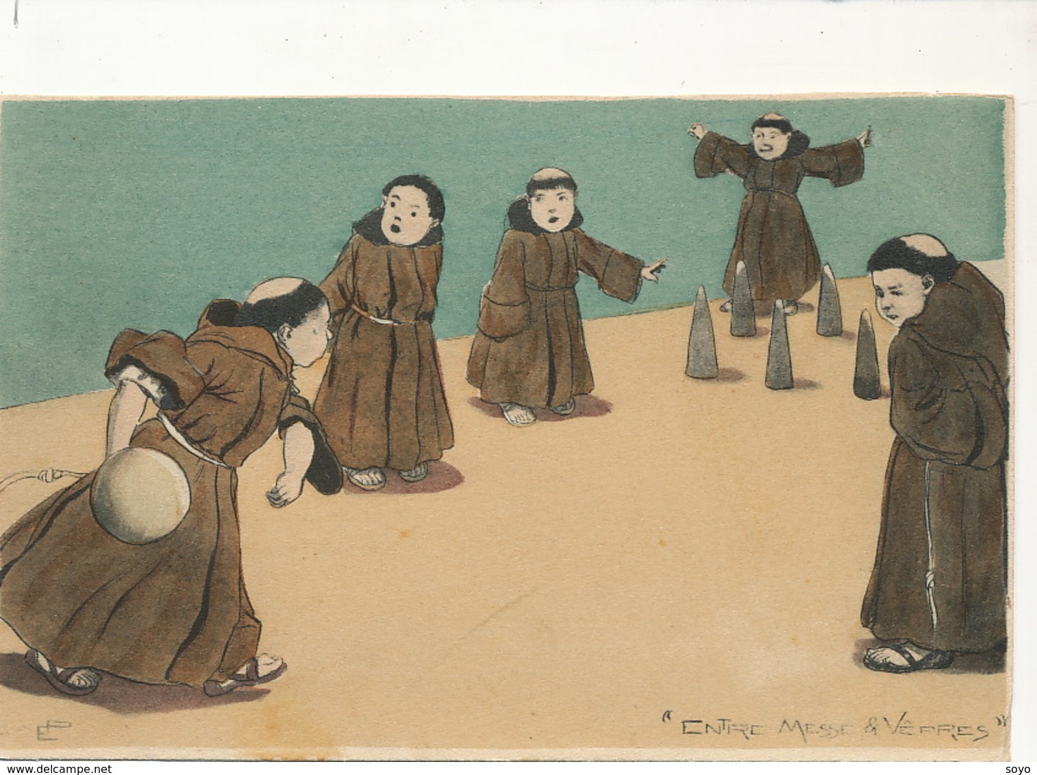 Entre Messe Et Vepres Petits Moines Au Bowling Signée EP Avant 1903 Undivided Back Monks Playing Quilles Pin Skittle - Boliche