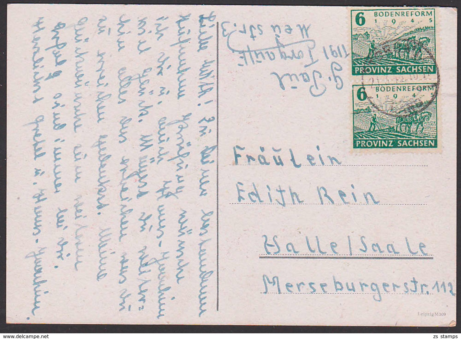 SBZ Provinz Sachsen 6 Pf(2) Bodenreform 1945, Bauer Mit Pferden Pflügt Acker MiNr. 90, Zigarettenpapier - Sonstige & Ohne Zuordnung