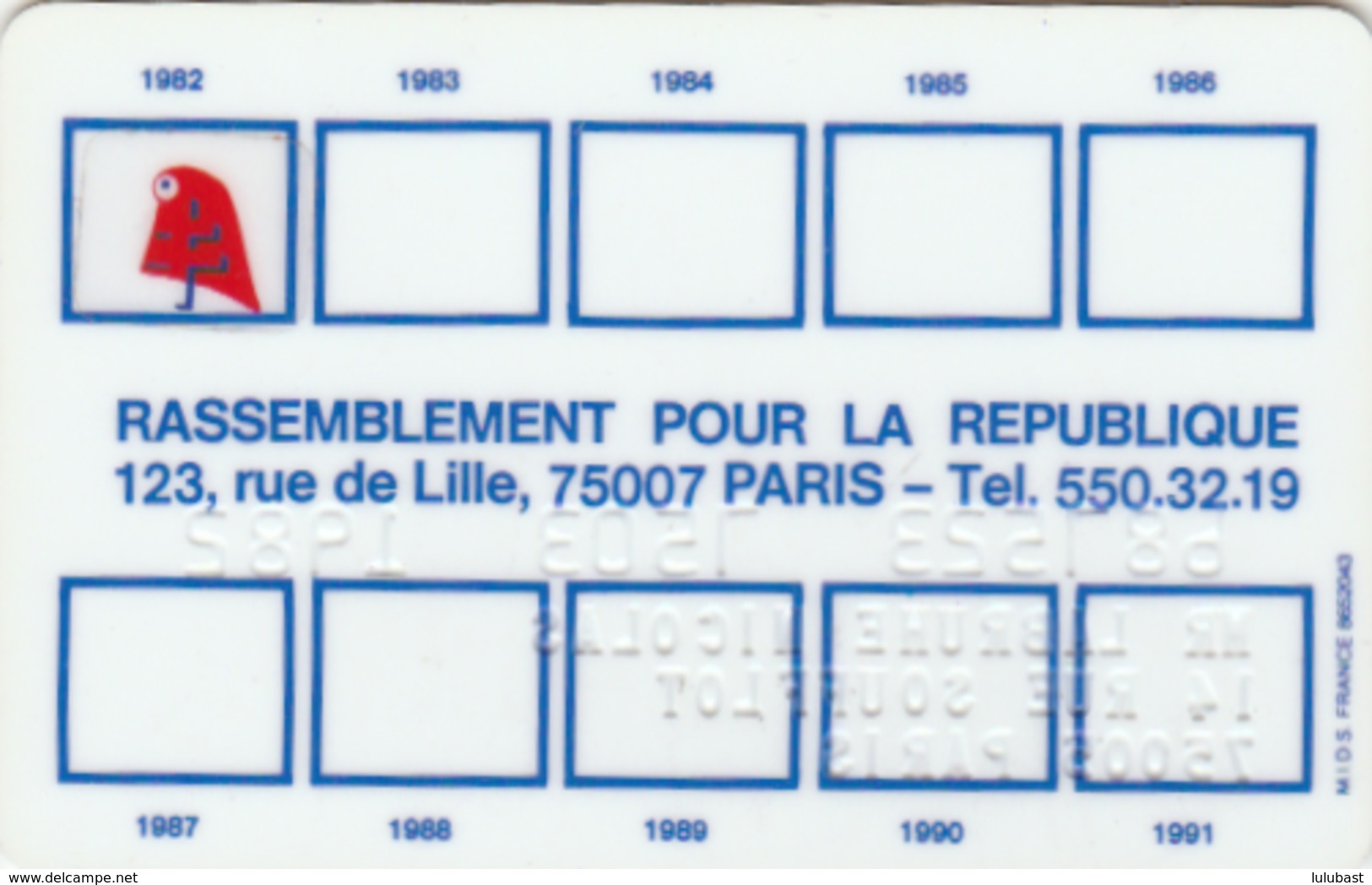 Carte De Membre Du RPR Pour L'année 1982. (TTB Et Peu Souvent Proposée ... à La Vente !) - Autres & Non Classés