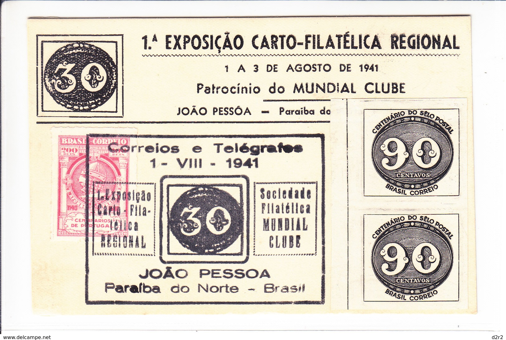 1ER EXPOSITION PHILATELIQUE - JOAO PESSOA - 1.08.1941 - V/IMAGE - Lettres & Documents